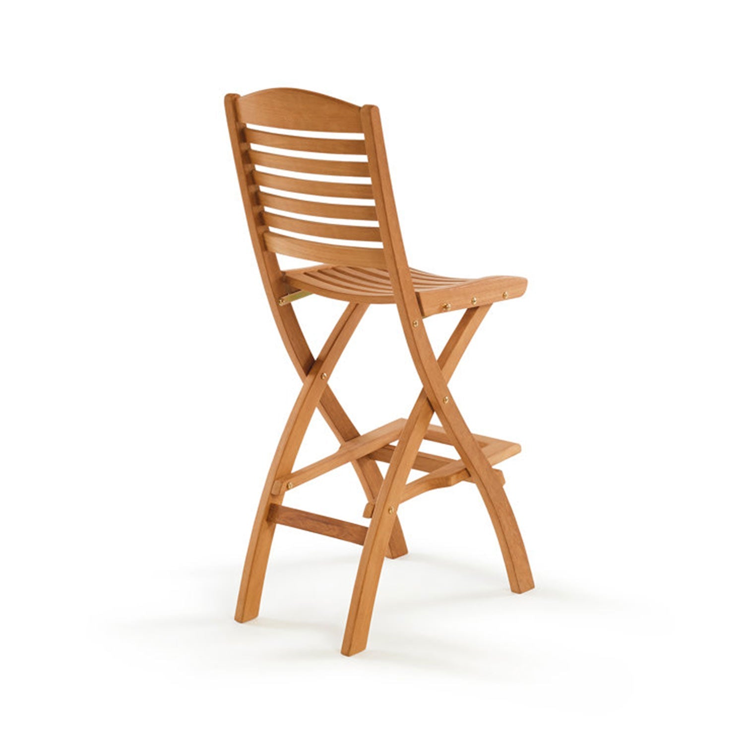 Folding armless teak outdoor bar stool in a natural finish with a curved slatted seat, horizontal slatted back, X-shaped folding frame and integrated footrest, with brass-tone hardware at the joints.