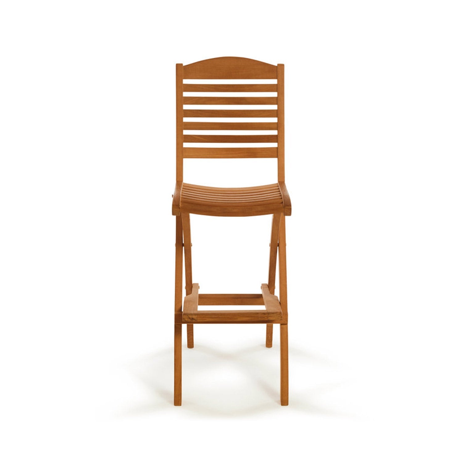 Front view of a natural teak folding armless outdoor bar stool with a horizontal slatted back, curved slatted seat and built-in footrest in a warm natural teak finish.