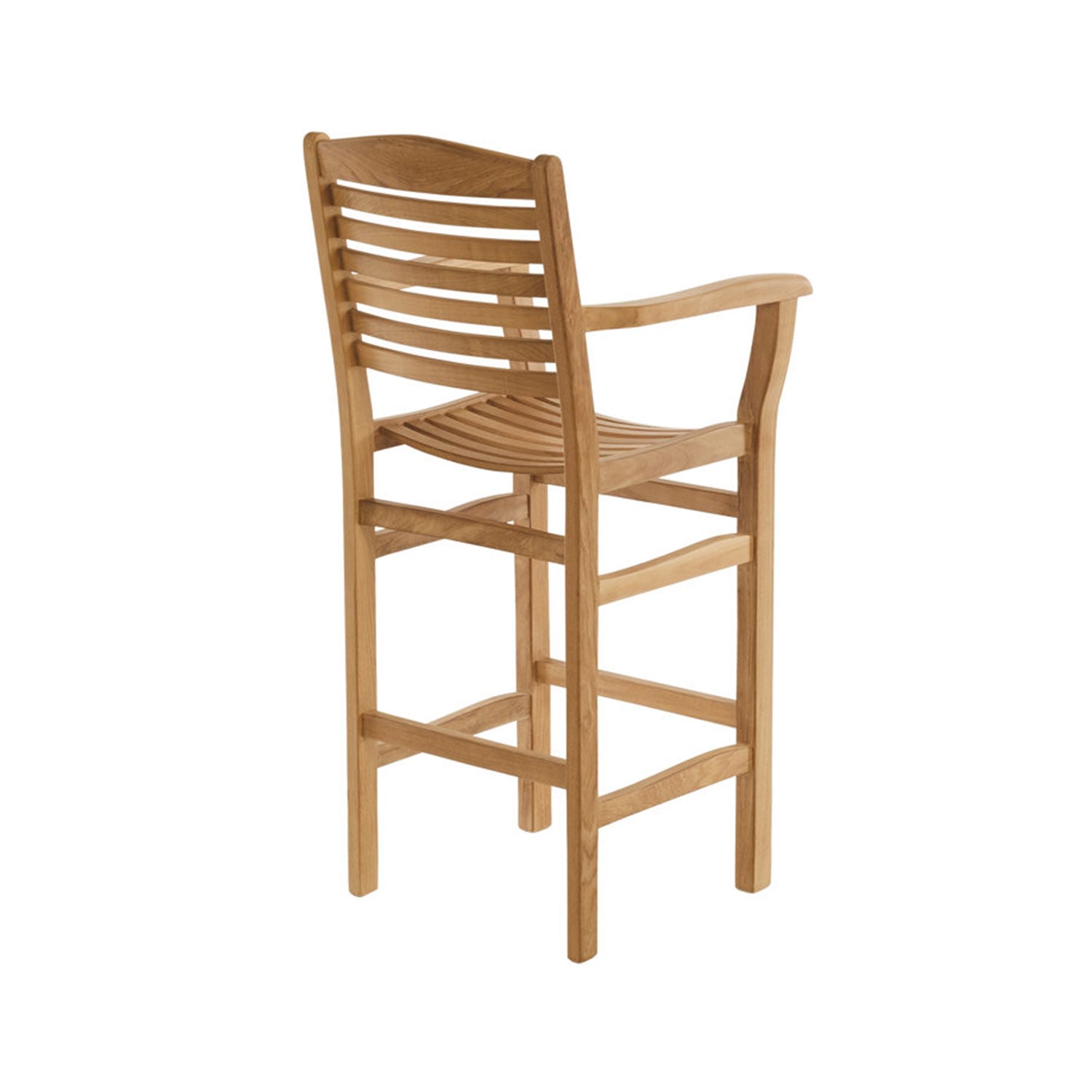 Natural teak outdoor bar stool with curved slatted back, contoured slatted seat, integrated arms and built-in footrest on a tall coastal-style wooden frame.