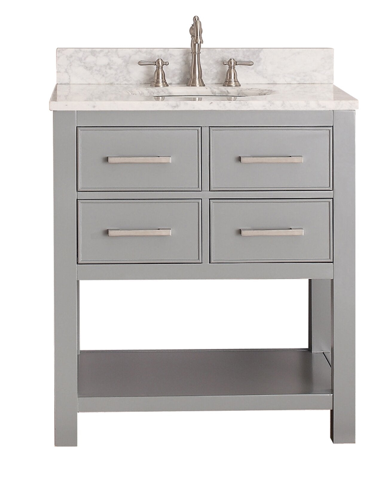 Freestanding solid wood single-sink bathroom vanity in stone gray with a white marble-look stone top and undermount ceramic sink, brushed nickel faucet and rectangular bar pulls, four drawers and open bottom shelf.