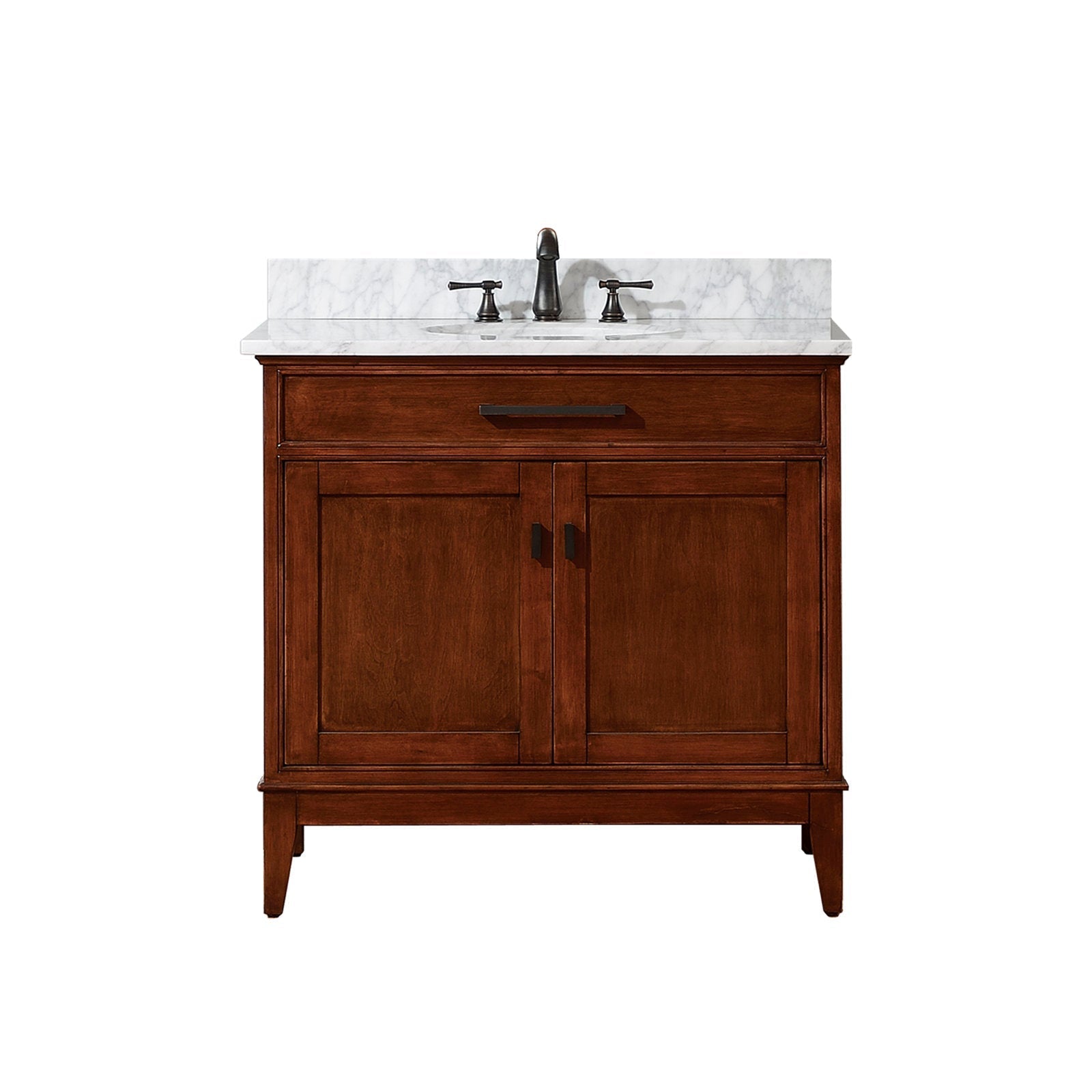 37-inch solid wood bathroom vanity in rich brown with a white marble stone top, single undermount sink, dark metal faucet and hardware, one drawer and two-door storage in a modern freestanding design.