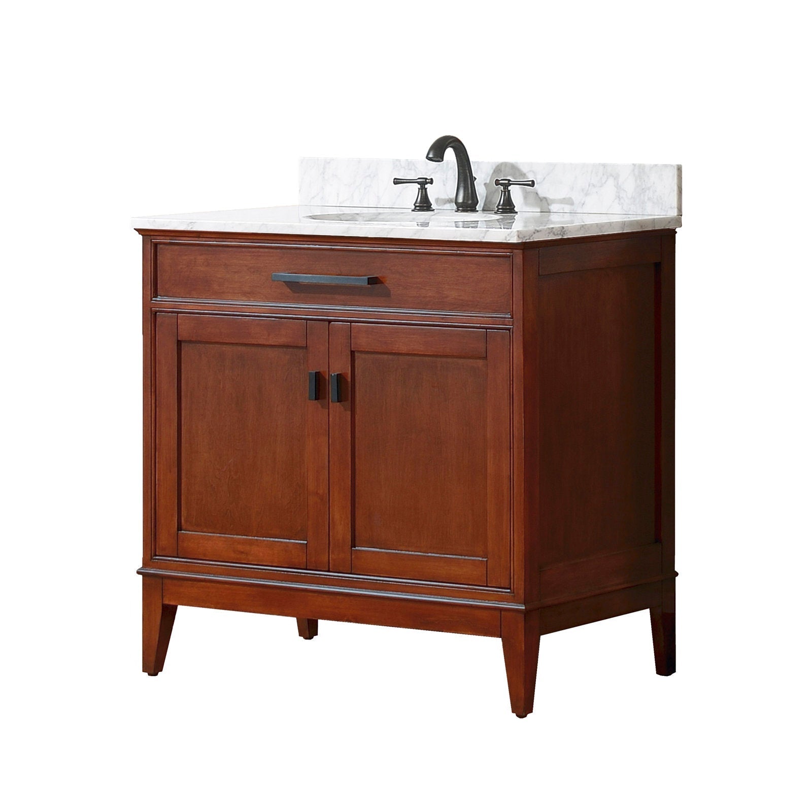 Freestanding 37-inch solid wood bathroom vanity in warm brown finish with a white marble stone top and backsplash, integrated single sink, dark metal faucet, one drawer and two cabinet doors.