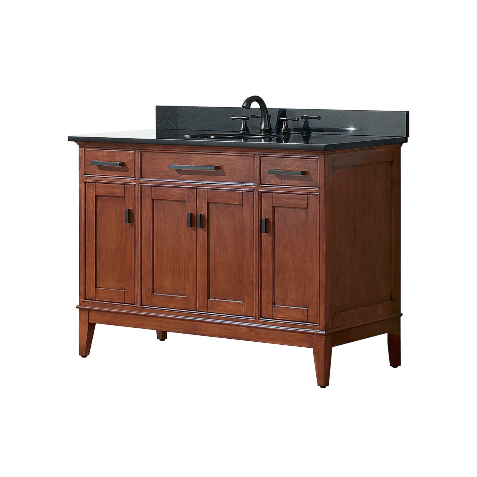 Freestanding 49-inch single-sink bathroom vanity in warm brown solid wood with a dark stone countertop, integrated sink and black faucet, three top drawers and four paneled doors with dark metal handles in a contemporary style.