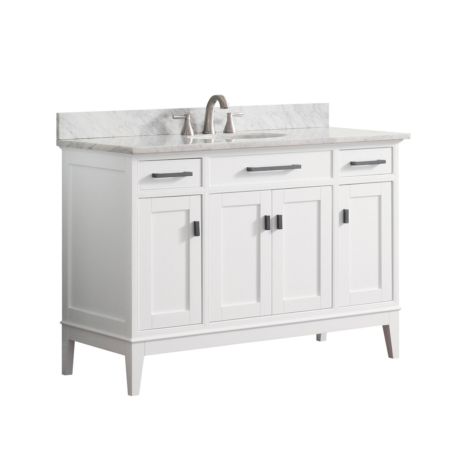 49-inch freestanding single-sink bathroom vanity with white solid wood shaker cabinet, marble stone top and backsplash, undermount ceramic sink, brushed nickel faucet and dark metal bar pulls on tapered legs.