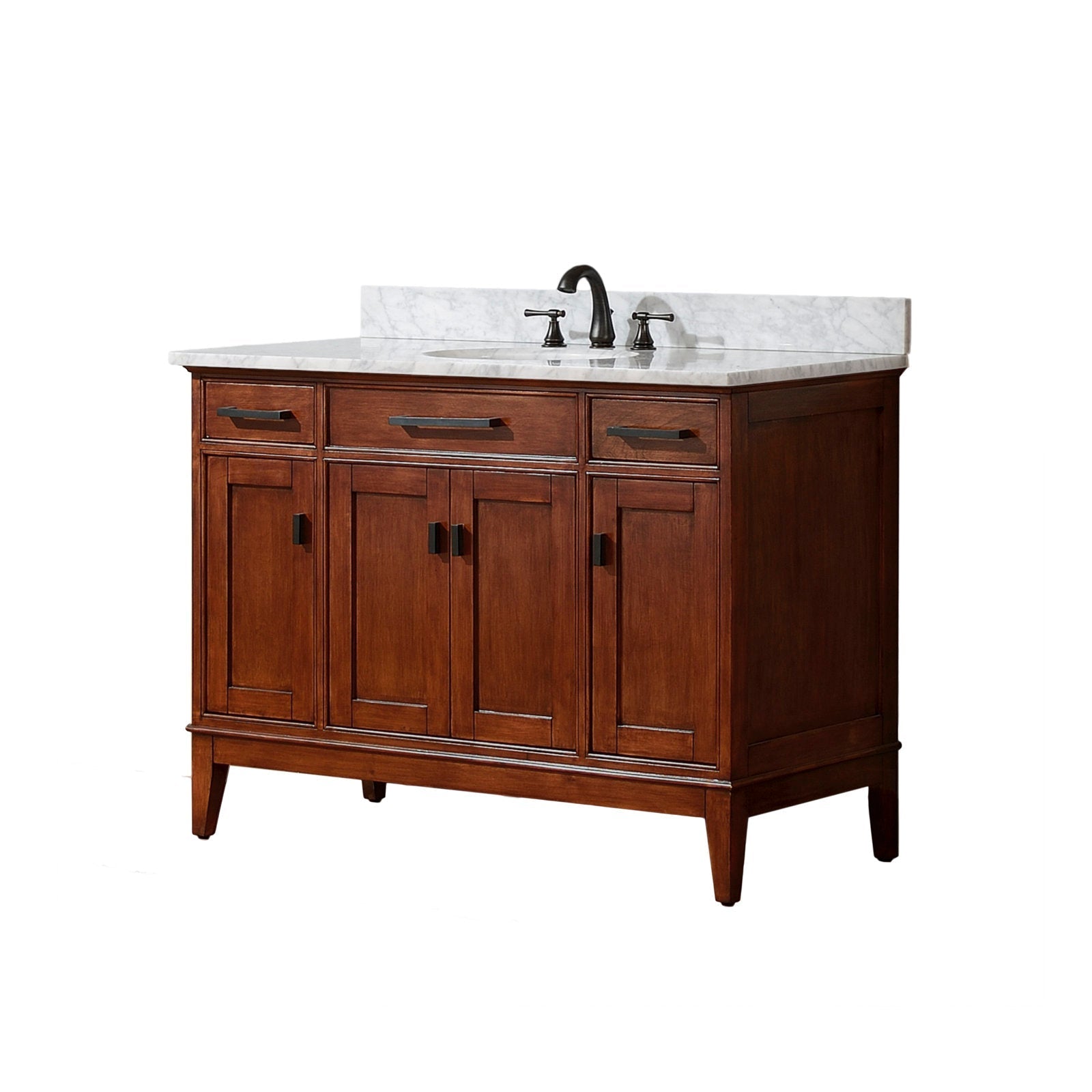 49-inch freestanding modern solid wood bathroom vanity in warm brown with a white marble stone countertop and backsplash, single undermount ceramic sink, three top drawers and four cabinet doors with dark metal handles.