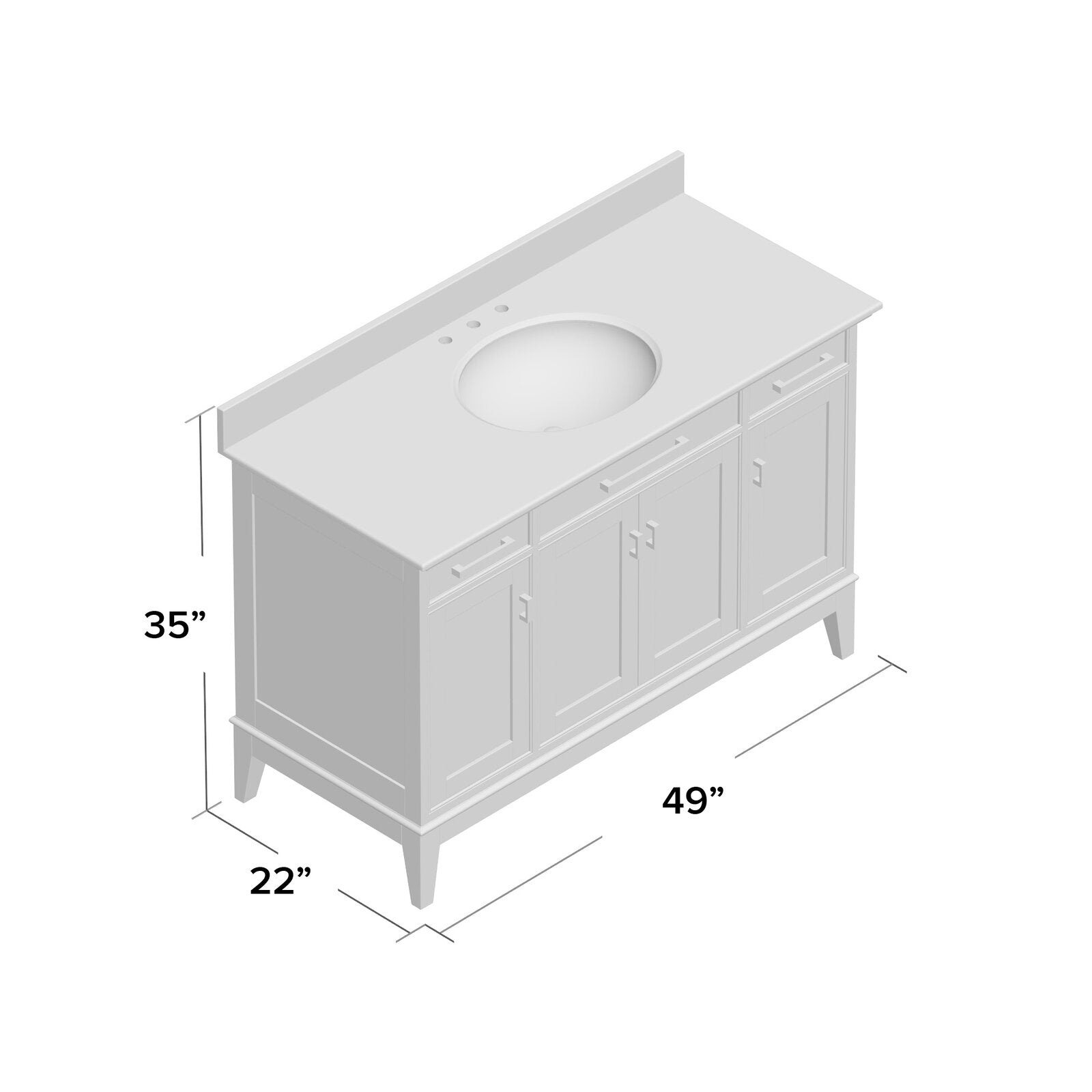 Isometric illustration of a modern 49 in. single-sink freestanding bathroom vanity in stone with a solid wood cabinet, round undermount sink, short backsplash, paneled doors, tapered legs and labeled dimensions 49 x 22 x 35 in.