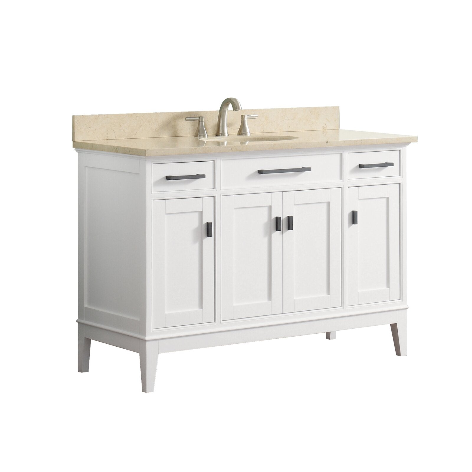 49-inch modern freestanding white solid wood bathroom vanity with beige stone marble top and backsplash, single undermount sink, brushed nickel faucet, three top drawers and four cabinet doors with dark rectangular hardware.