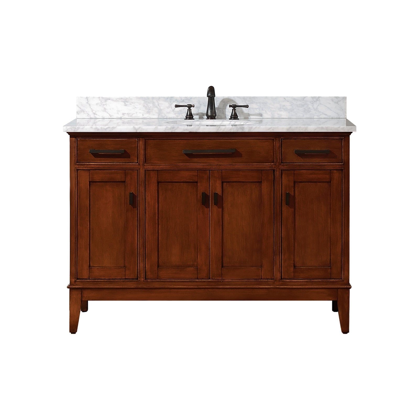 49-inch single-sink freestanding bathroom vanity in warm tobacco solid wood with a white marble top and integrated ceramic basin, dark metal handles and oil-rubbed bronze faucet, shaker-style doors and tapered legs.