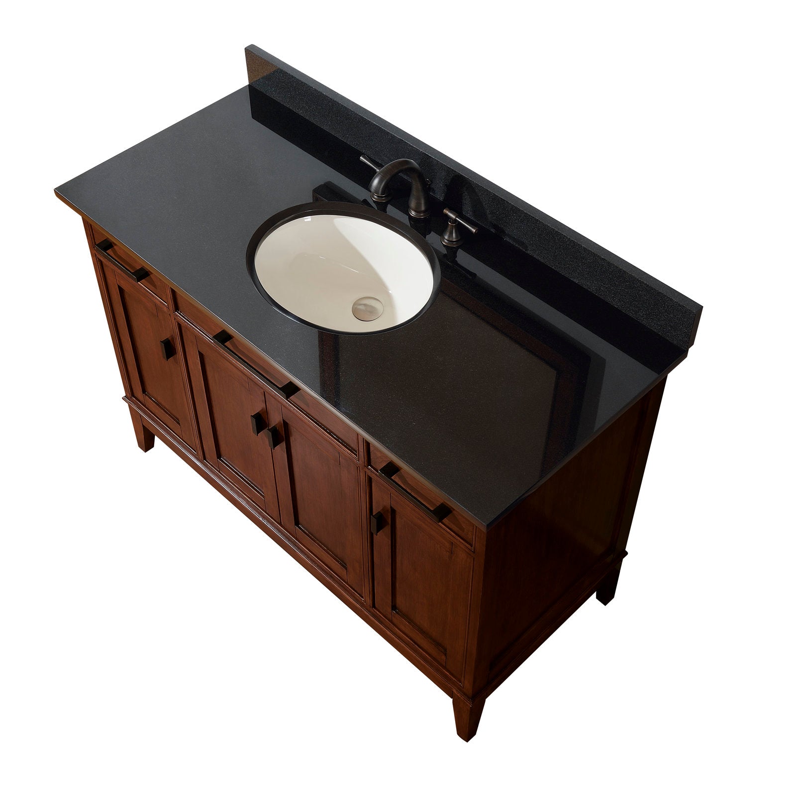 Freestanding 49-inch solid wood bathroom vanity in warm brown with a black stone countertop and matching backsplash, white undermount ceramic sink, dark metal faucet and four-door contemporary storage.