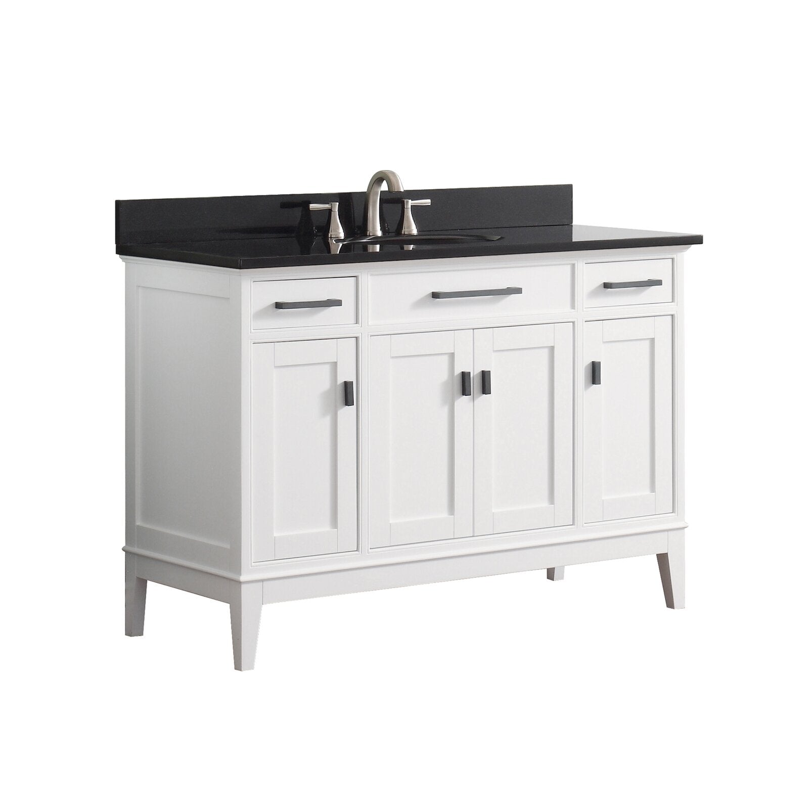 49-inch modern white solid-wood vanity with black stone countertop and backsplash, single undermount ceramic sink, brushed nickel faucet, three top drawers and four cabinet doors with dark metal handles.