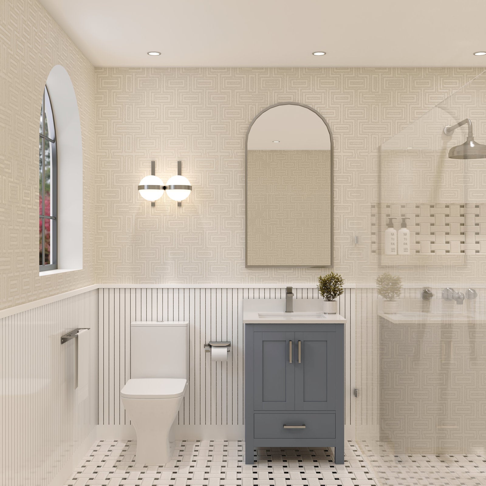 24-inch single-sink solid wood vanity with a stone top and ceramic basin in a gray-stone finish, freestanding with soft-close cabinet doors; shown in a modern-contemporary bathroom with arched mirror, sconce, toilet and glass shower.