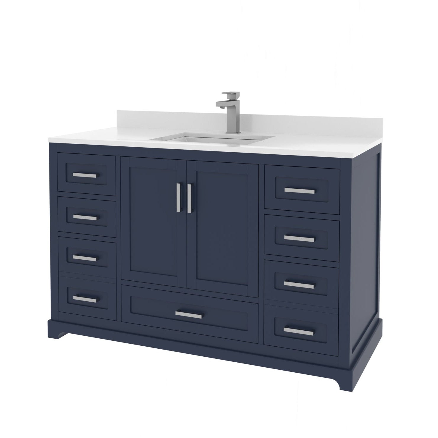 48-inch modern solid wood bathroom vanity with a white stone countertop and integrated rectangular sink; navy blue cabinet with center double doors, multiple drawers and brushed metal handles, freestanding with single-hole faucet.