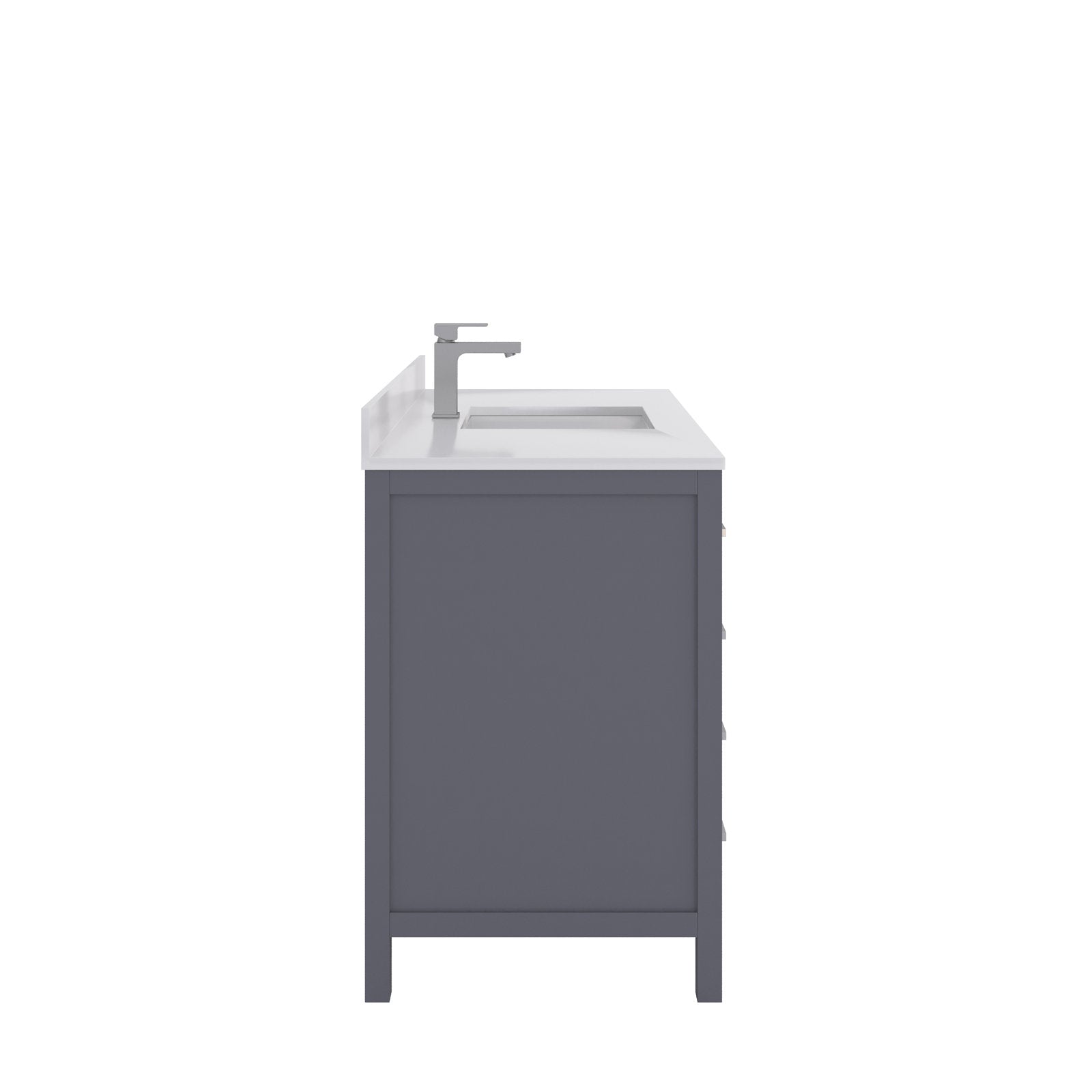 Side view of a modern 48-inch freestanding solid wood bathroom vanity in stone-gray finish with a white stone countertop, integrated rectangular ceramic sink and single-handle chrome faucet.