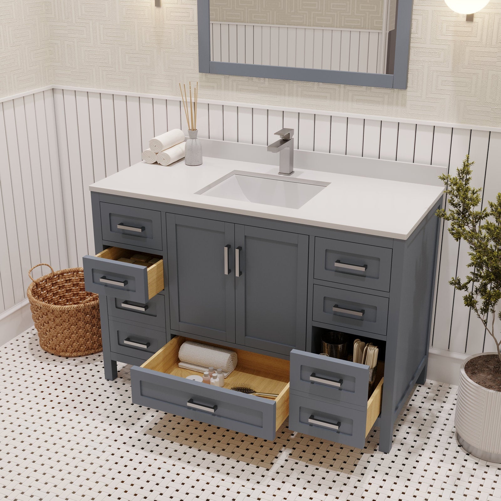 48-inch single-sink modern solid wood bathroom vanity in stone-gray with a white stone top, rectangular undermount sink, brushed metal faucet, and open drawers revealing natural wood interiors and organized storage accessories.