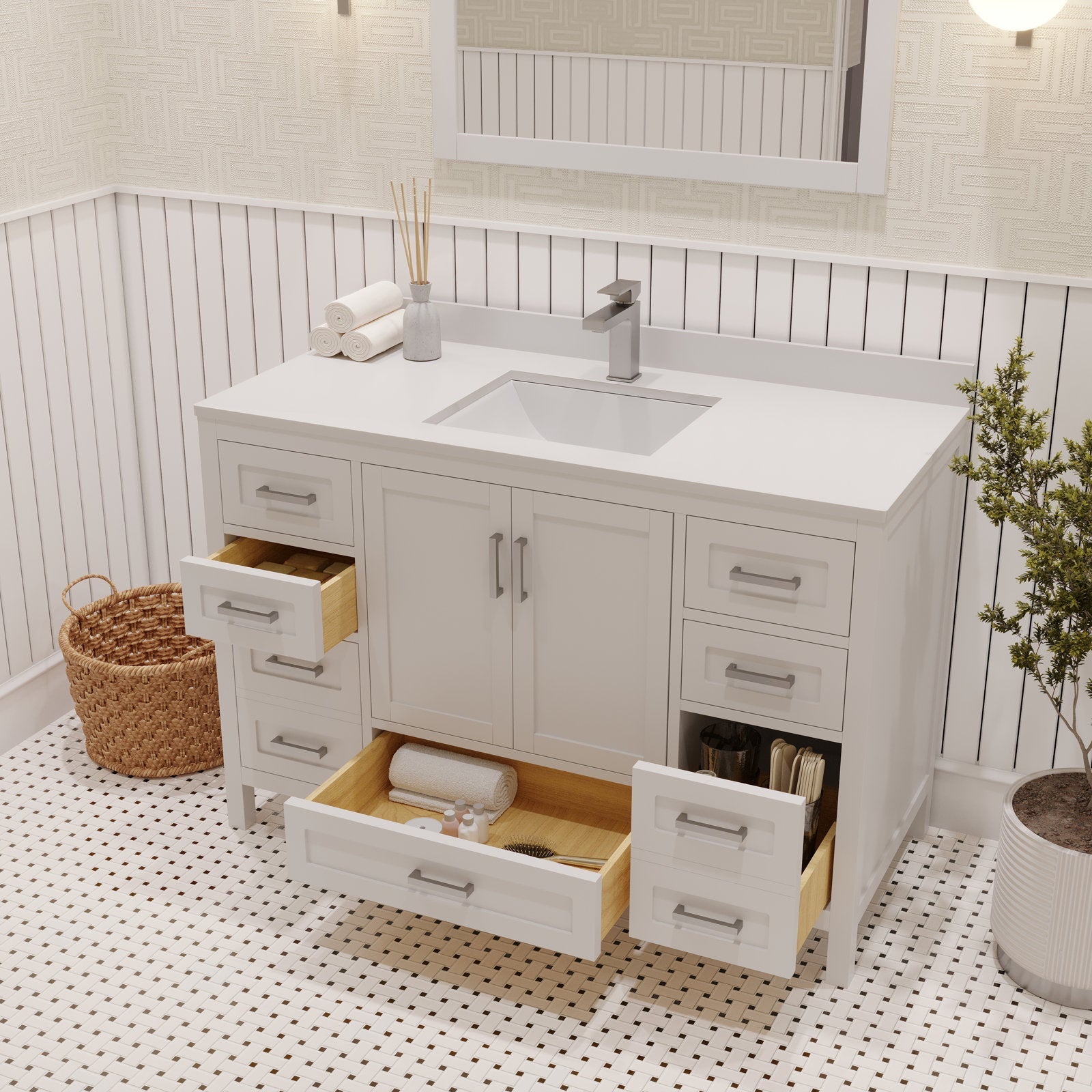 Stone-colored modern solid wood bathroom vanity with stone countertop and rectangular undermount sink, single-handle faucet, and several open drawers revealing natural wood interiors and brushed metal pulls.