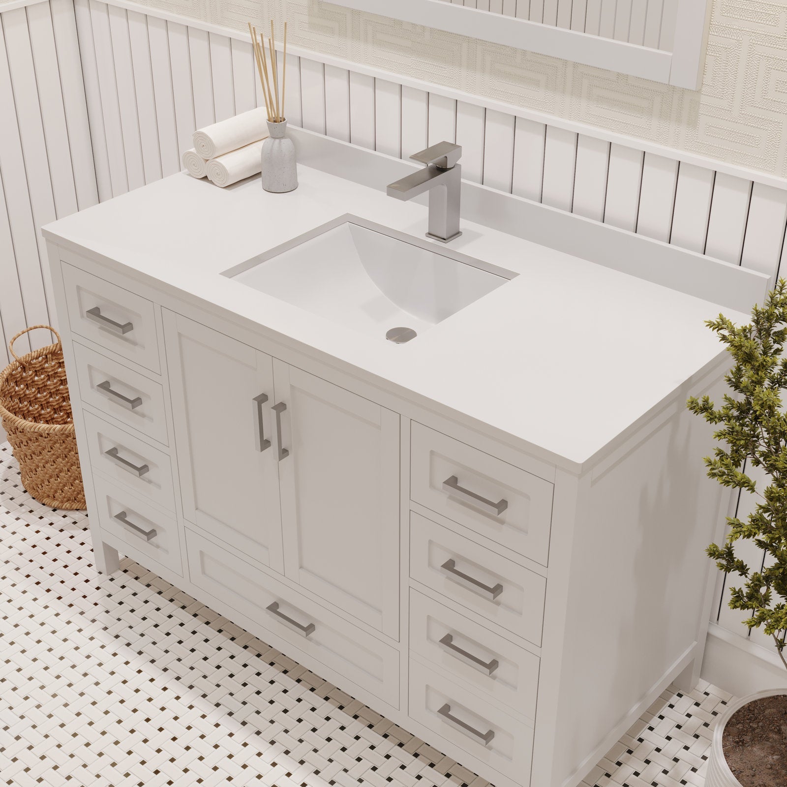 Freestanding 48-inch modern solid wood bathroom vanity in stone finish with a stone countertop and rectangular ceramic sink, single square modern faucet and brushed-metal pulls, multiple drawers and center cabinet for storage.