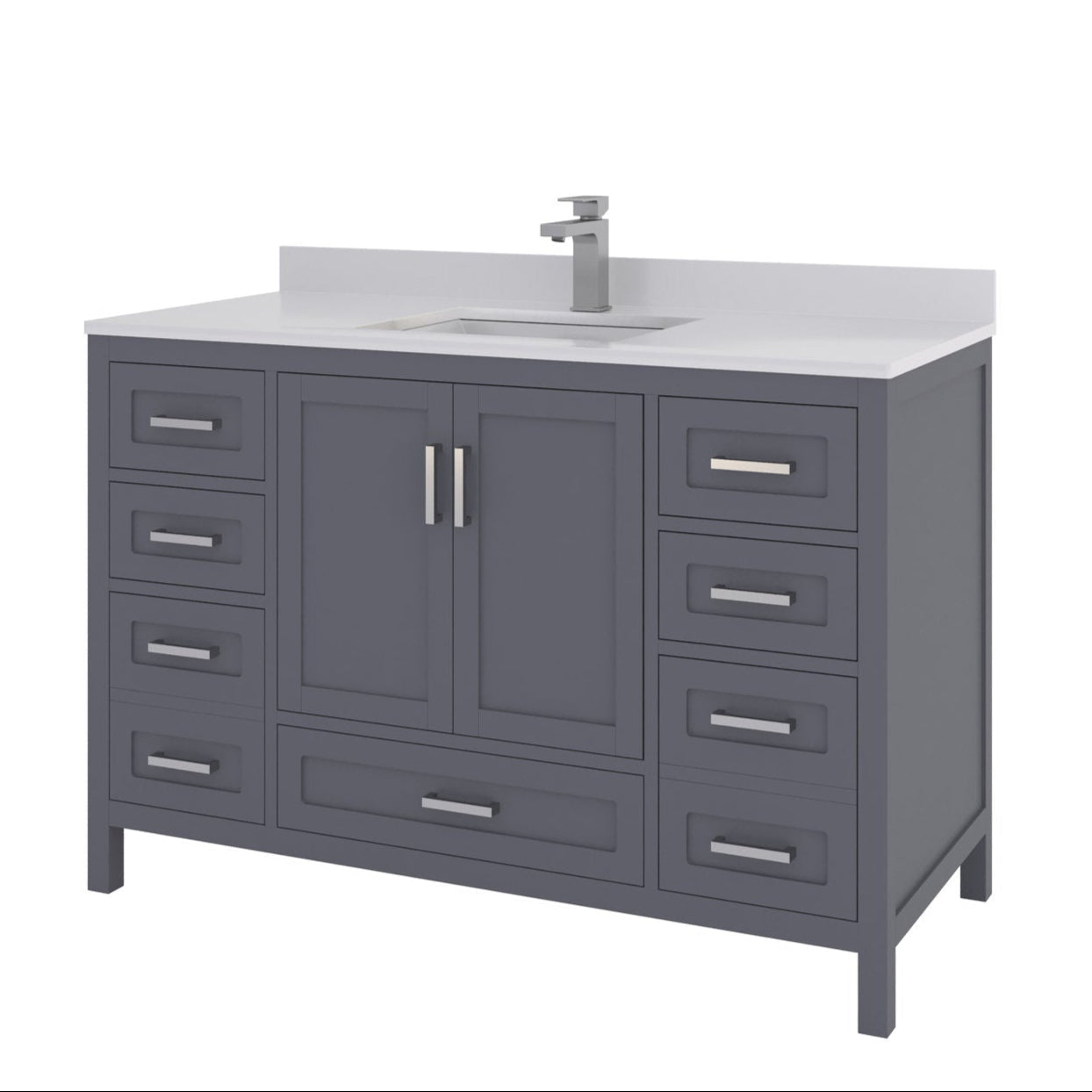 Stone-colored modern 48-inch solid wood bathroom vanity with a white stone countertop and integrated rectangular sink, freestanding base with central double doors, multiple drawers and chrome bar handles with single-hole faucet.