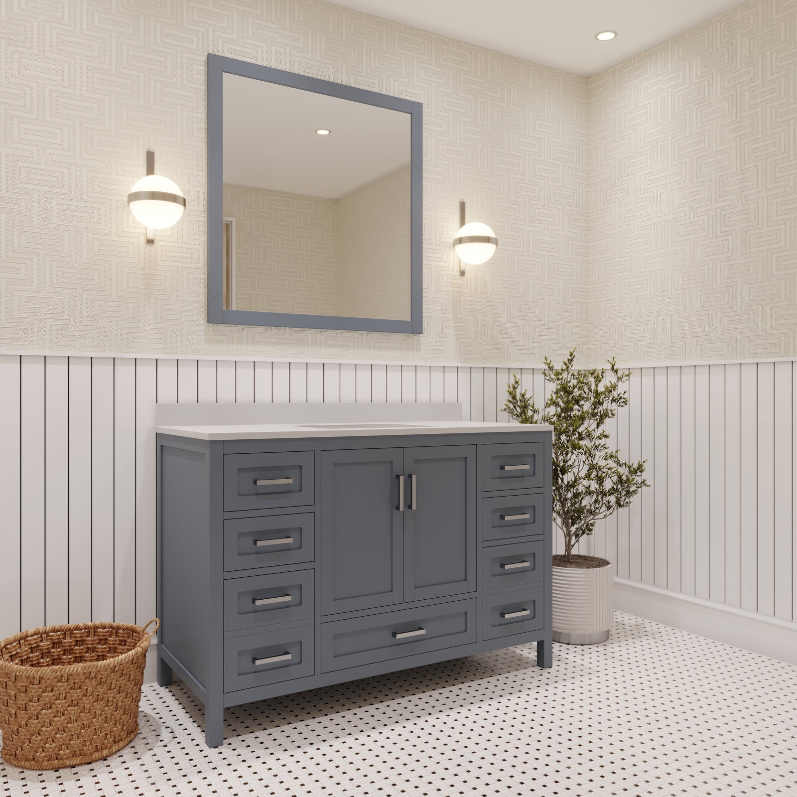 48-inch freestanding solid wood single-sink vanity in stone gray with a stone countertop, contemporary shaker-style doors, multiple drawers and modern metal handles.