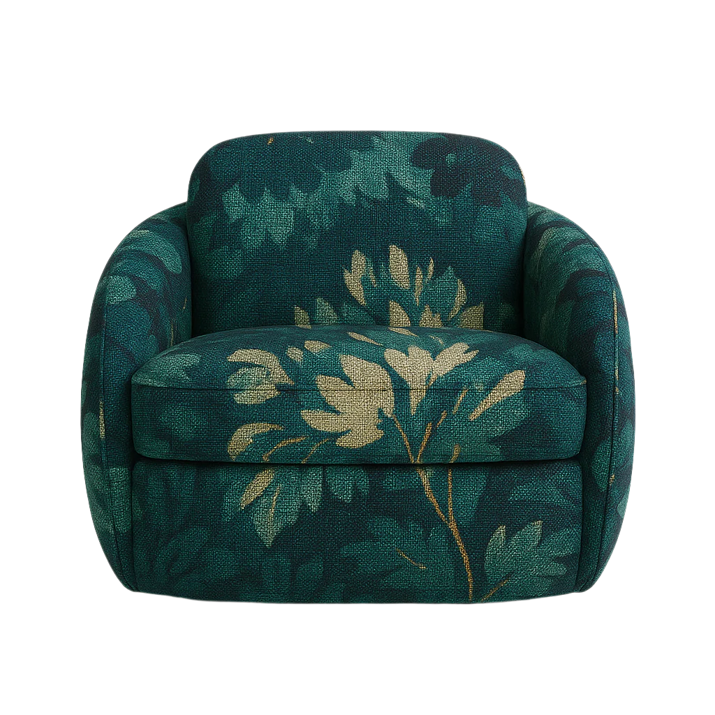 Front view of a modern, curved accent chair upholstered in deep teal-green floral woven fabric with a plush cushioned seat and rounded arms in a contemporary barrel silhouette for living-room seating.