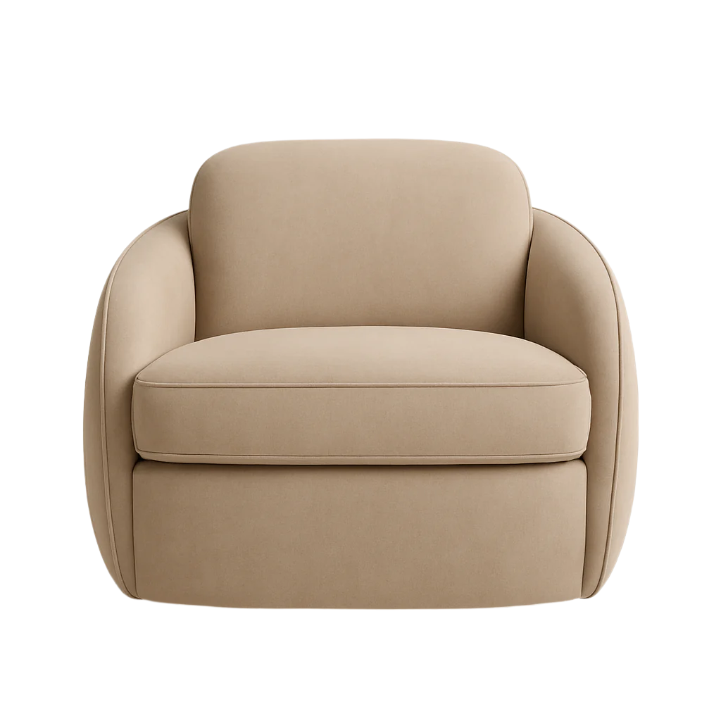 Front view of a modern beige fabric accent chair with rounded back and curved arms, a thick boxed seat cushion and smooth upholstery, styled as a contemporary cozy lounge chair for living spaces.