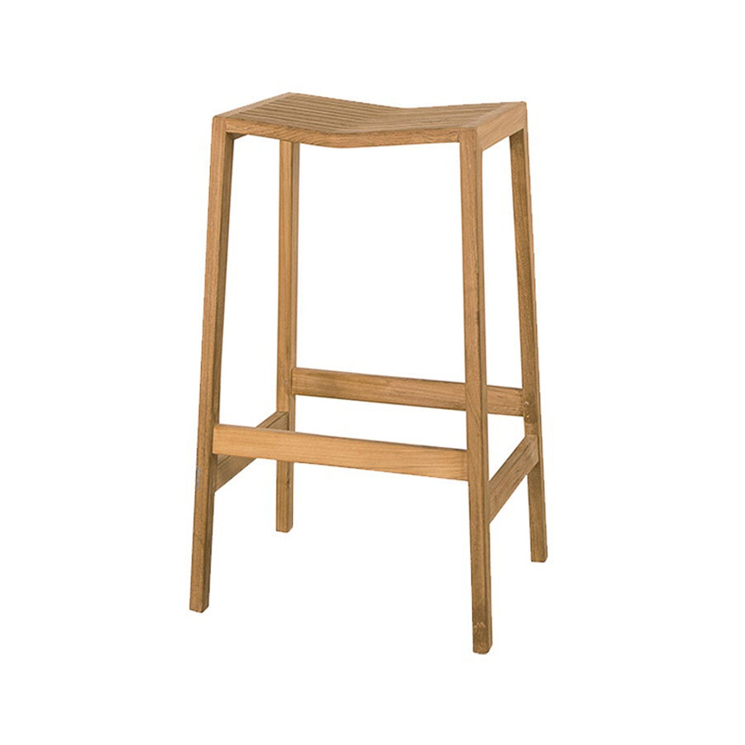 Backless outdoor bar stool in natural teak with a slatted seat, solid wood tapered legs and horizontal footrest, a minimalist coastal-style piece for kitchen counters or patio bars.