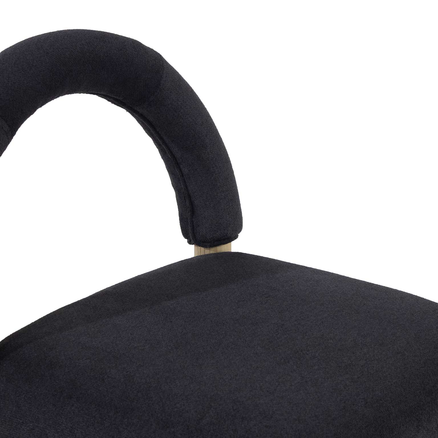 Close-up of a stool's curved low back and cushioned seat upholstered in charcoal bouclé fabric with a visible oak support post.