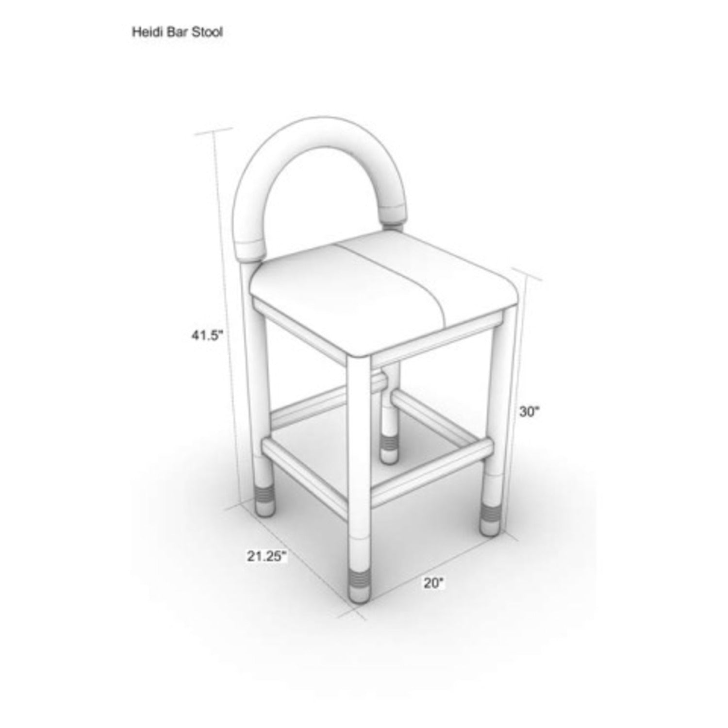 Technical line drawing of an oak bar stool upholstered in bouclé fabric, showing a curved low back, cushioned seat, square oak legs and footrest with annotated dimensions: 41.5" overall height, 30" seat height, 21.25" depth and 20" width.