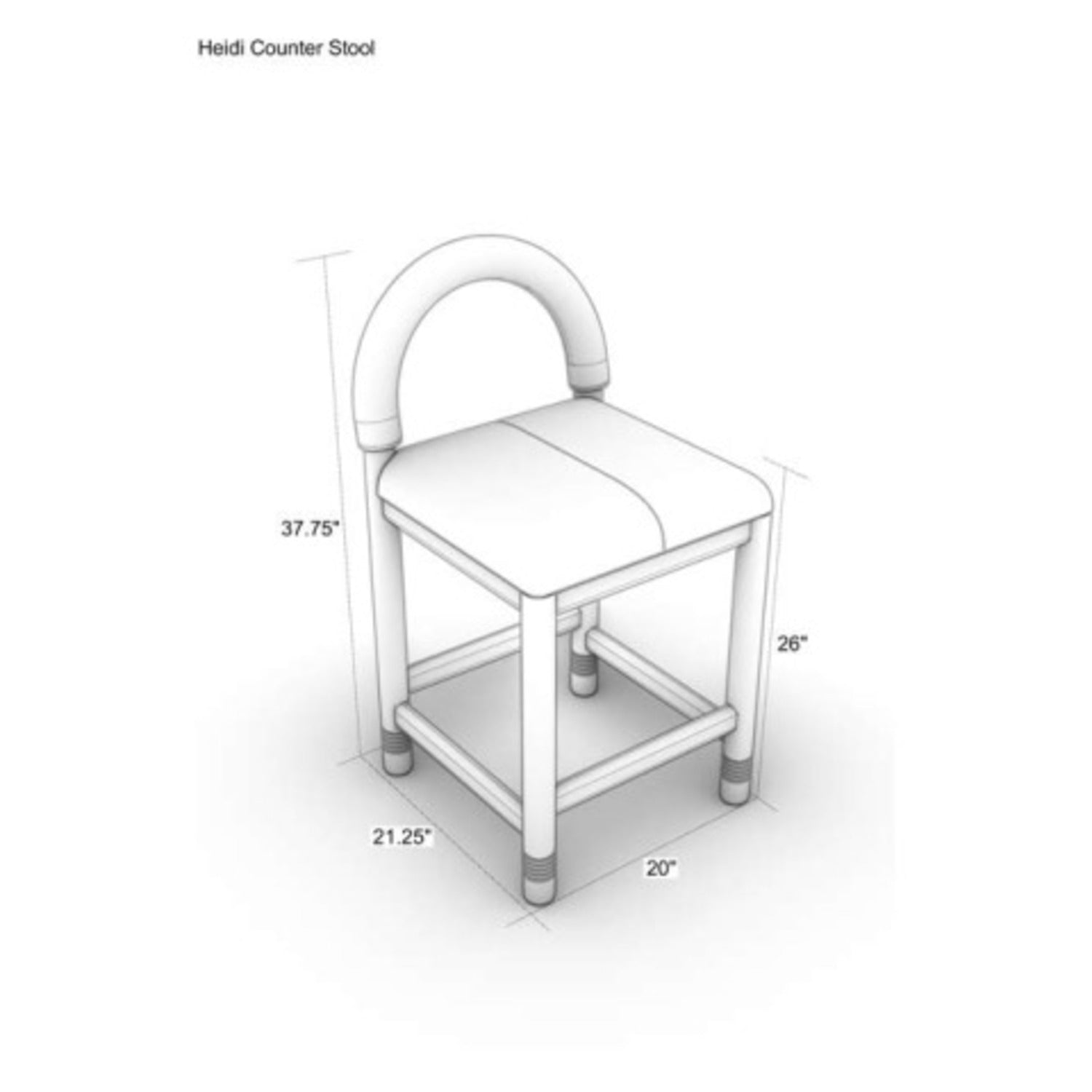 Grayscale technical drawing of a counter stool with a rounded low back, boucle-upholstered seat and oak frame, annotated with dimensions: overall height 37.75" , seat height 26" , depth 21.25" , width 20".