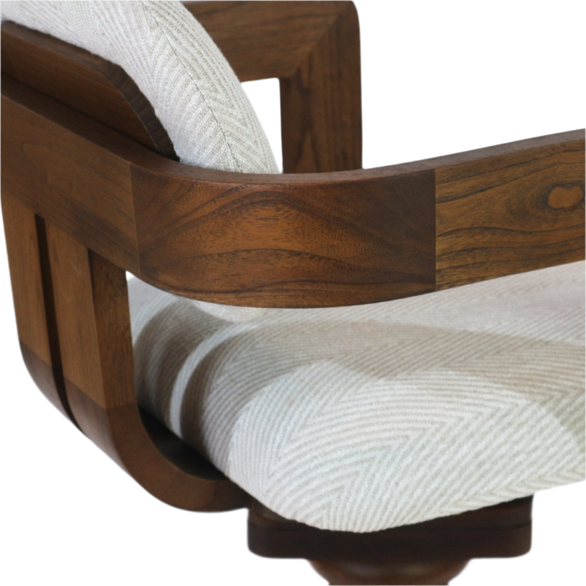 Close-up of a warm teak wood curved arm and slatted frame paired with a light gray textured fabric seat and back cushion on a modern upholstered bar stool.