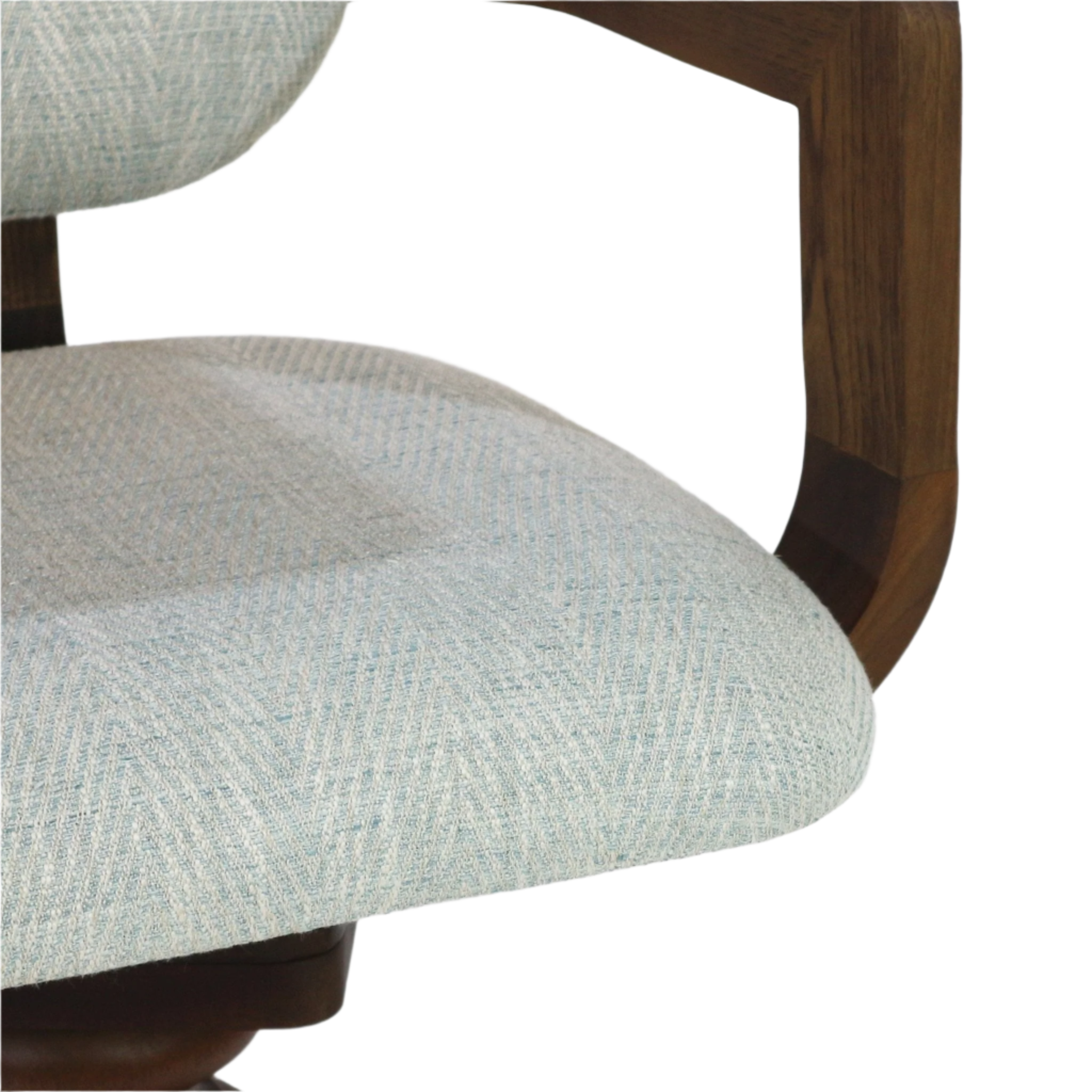 Close-up of a modern bar stool's light gray woven fabric seat with a subtle blue herringbone pattern and a curved natural wood armrest in warm teak finish, highlighting cushion texture and wood grain.