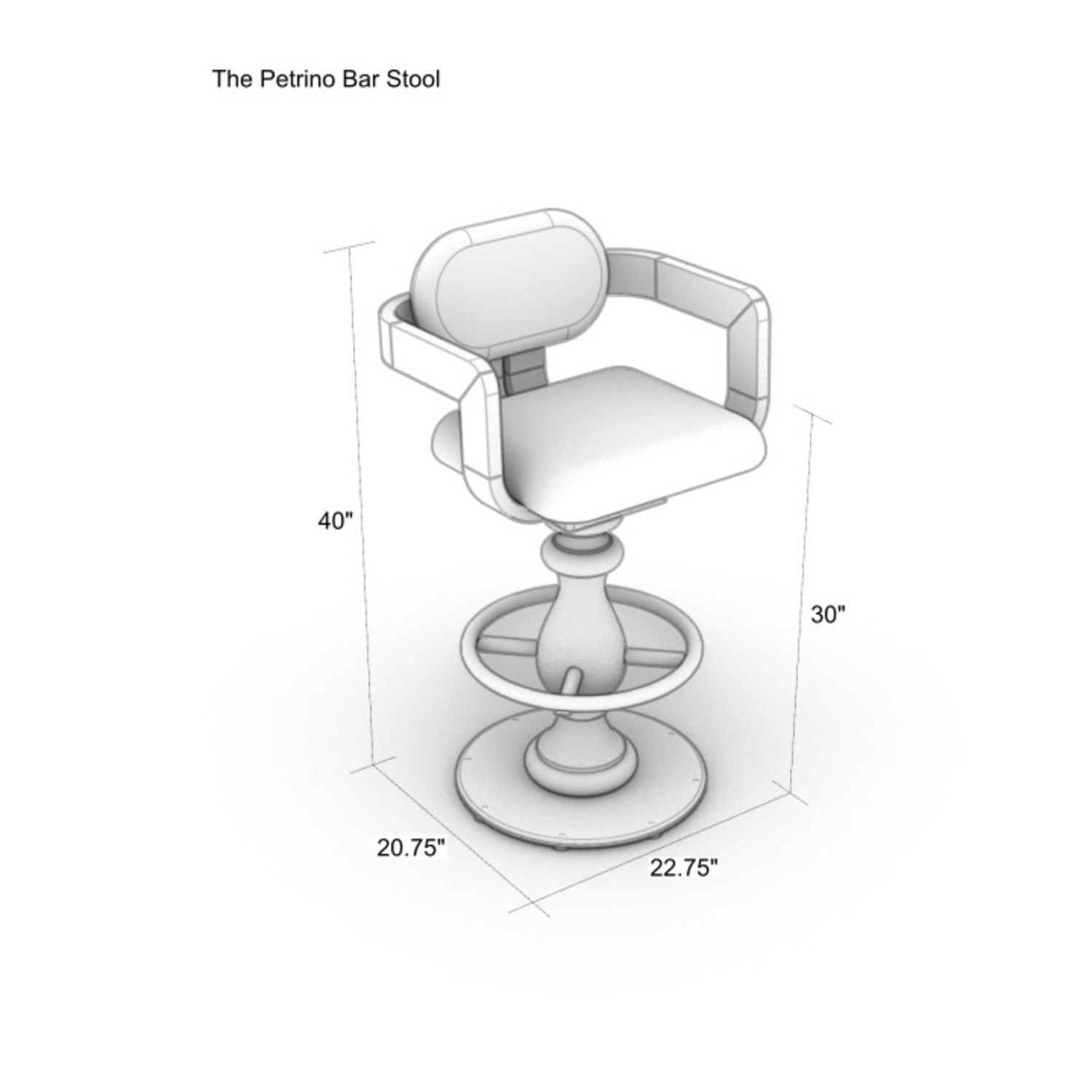 Isometric line drawing of a modern swivel bar stool with fabric-upholstered seat and back, padded armrests, circular metal footrest and round base; annotated dimensions showing 40" overall height, 30" seat height, 22.75" width and 20.75" depth.