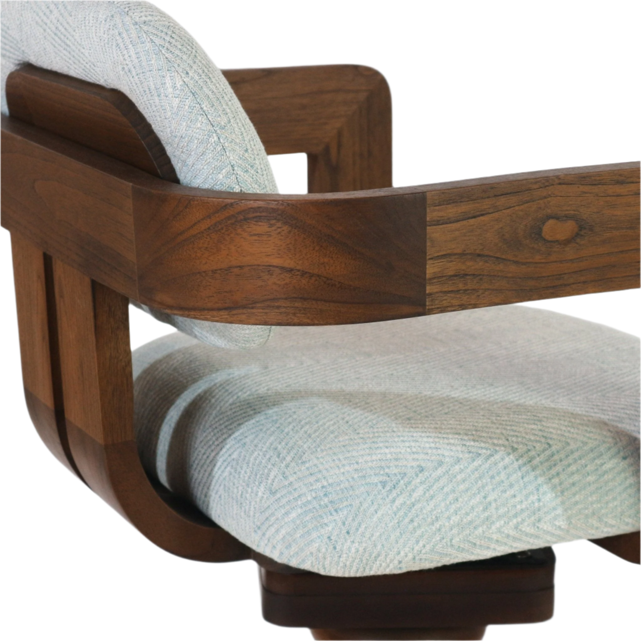 Close-up of a bar stool showing warm natural wood arm and curved support paired with a light gray woven fabric seat and back cushion, highlighting wood grain and subtle herringbone upholstery texture.