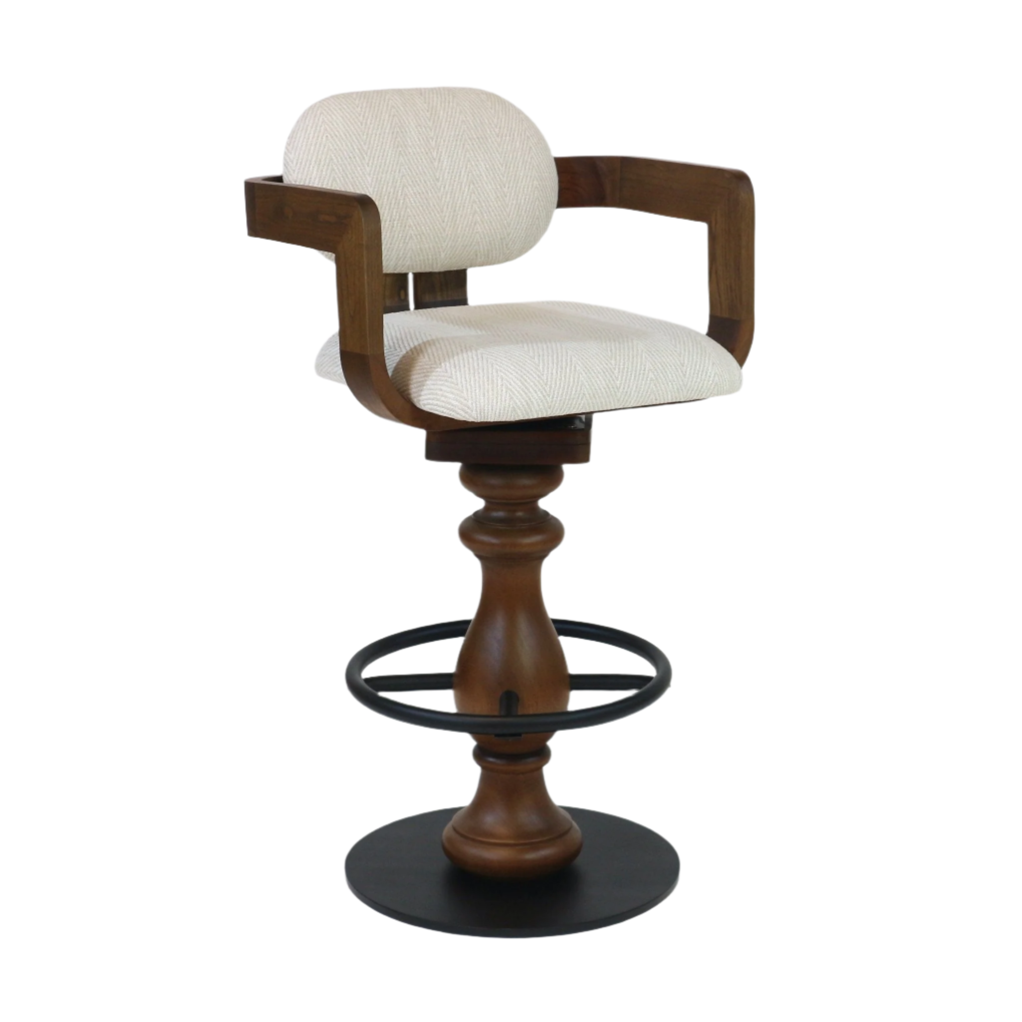 Swivel bar stool with light beige textured fabric seat and back, curved natural wood armrests and turned wood pedestal, black metal circular footring and round metal base.