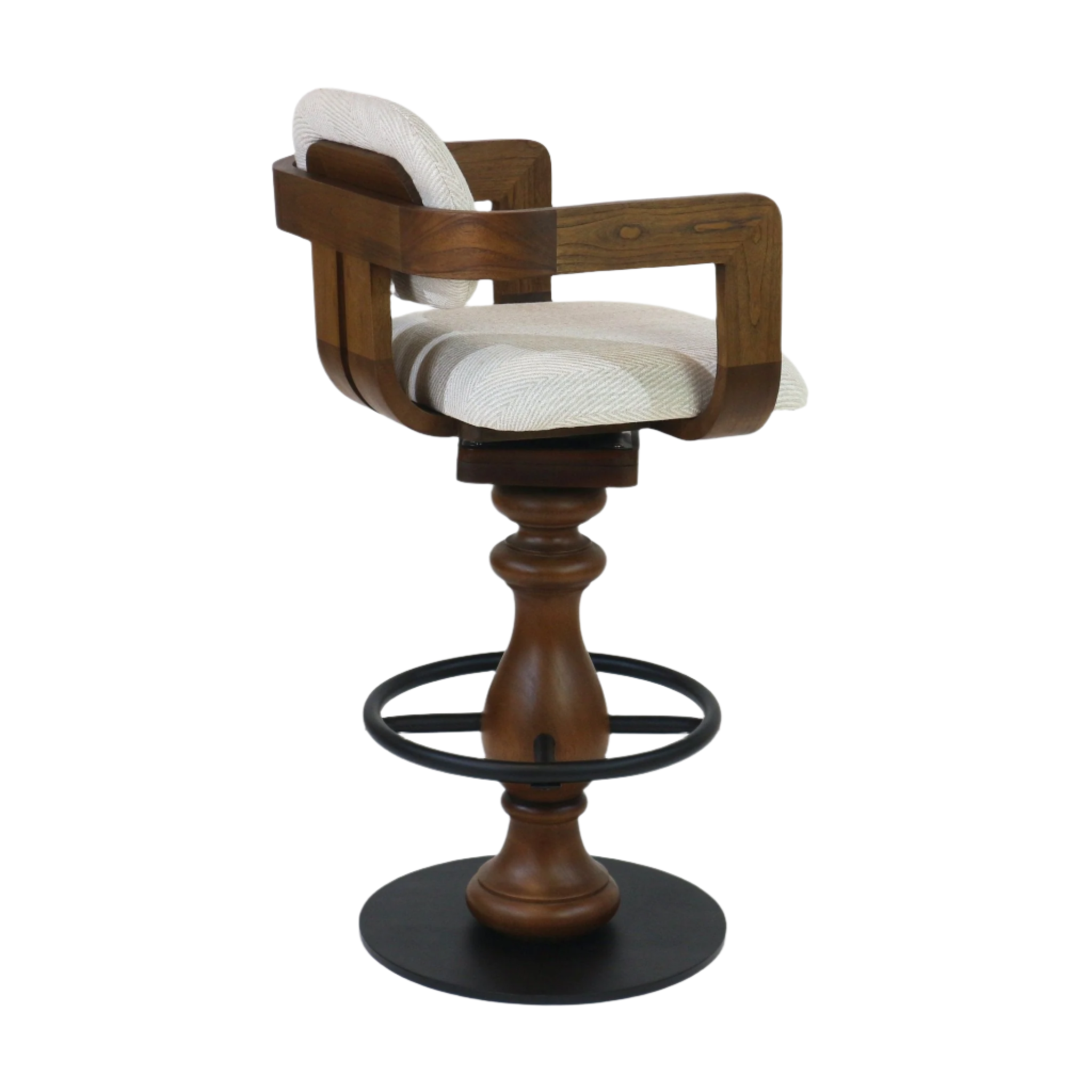 Light-beige upholstered swivel bar stool with curved natural wood arms and turned wood pedestal, featuring a black metal circular footrest and round base.