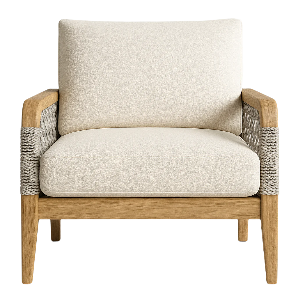 Front view of an outdoor lounge chair with a natural teak frame, cream textured upholstery on a wide cushioned seat and back, and woven rope-wrapped arms for a coastal-modern look.