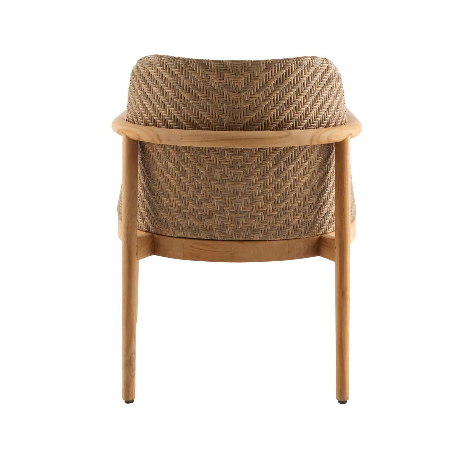 Back view of a natural teak outdoor dining chair with woven wicker backrest, rounded teak arm rail and tapered legs in a neutral coastal finish.