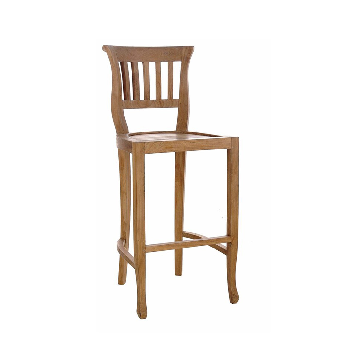 Armless outdoor bar stool in natural teak with a slatted back, contoured wooden seat, integrated footrest and tall coastal-style solid wood frame on a white background.