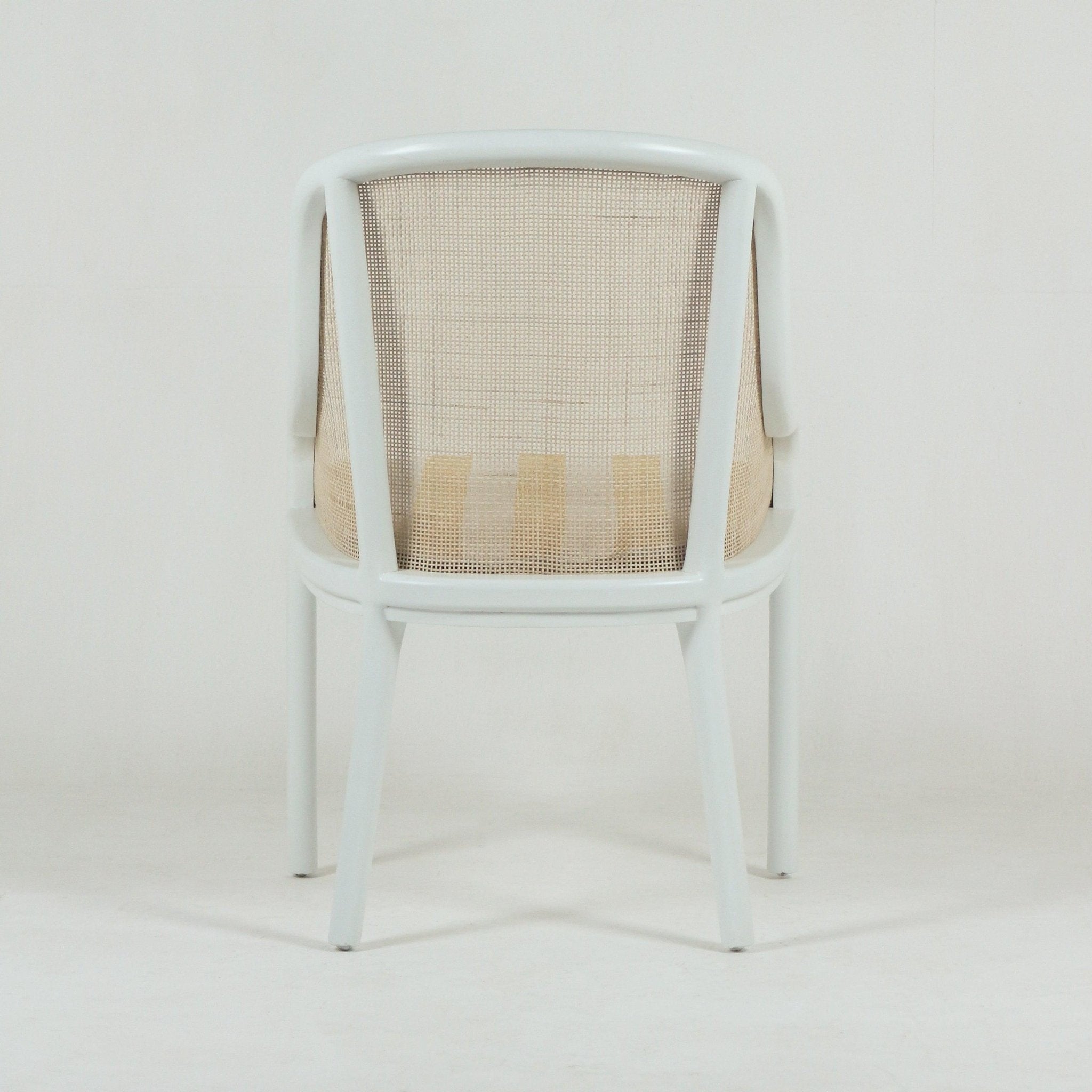 Rear view of a bentwood dining chair with a white painted wood frame and beige woven cane backrest and seat, featuring a curved top rail and tapered legs on a plain white background.