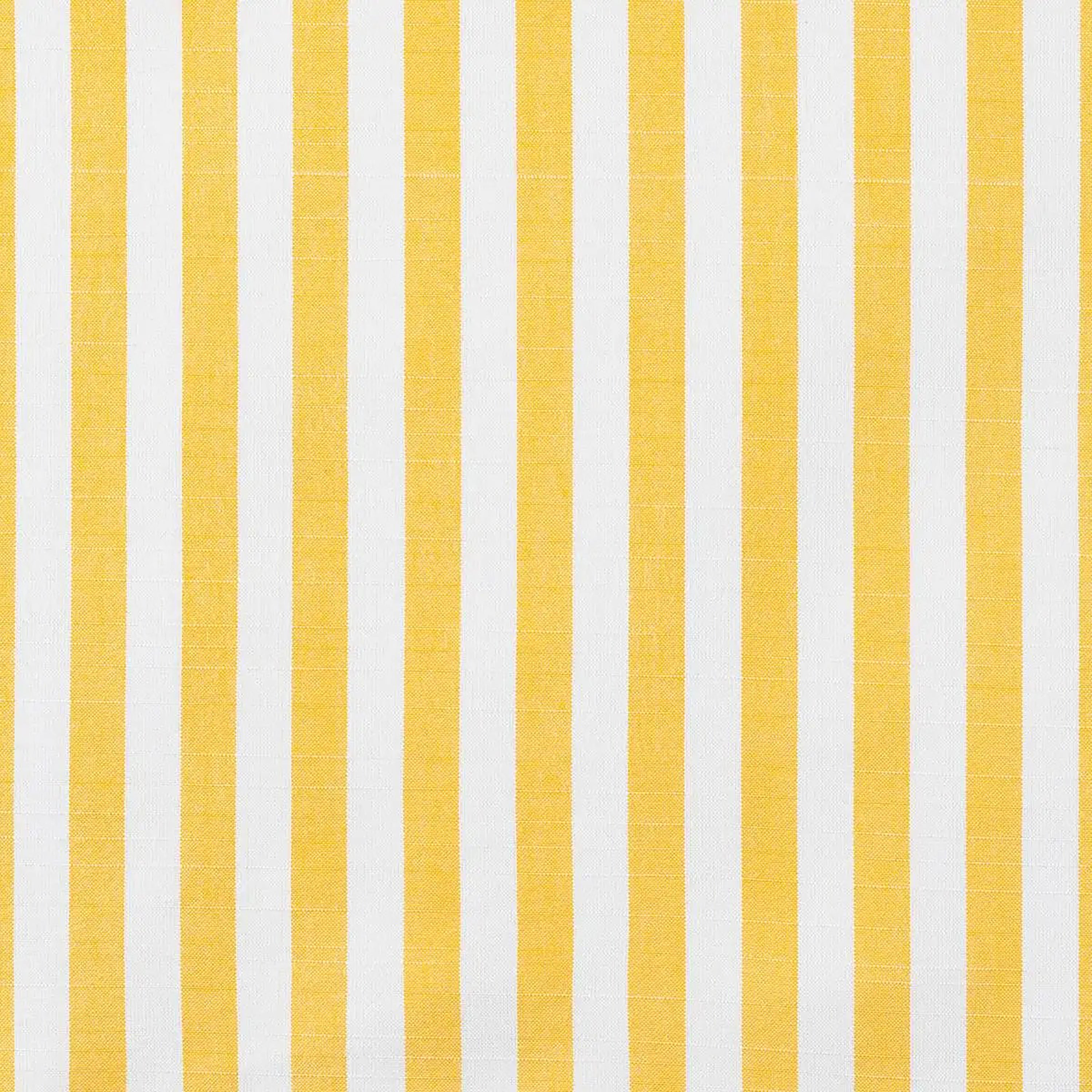 Close-up of yellow and white vertical-striped upholstery fabric with subtle woven texture, shown as a sample swatch for a dining chair seat or back.