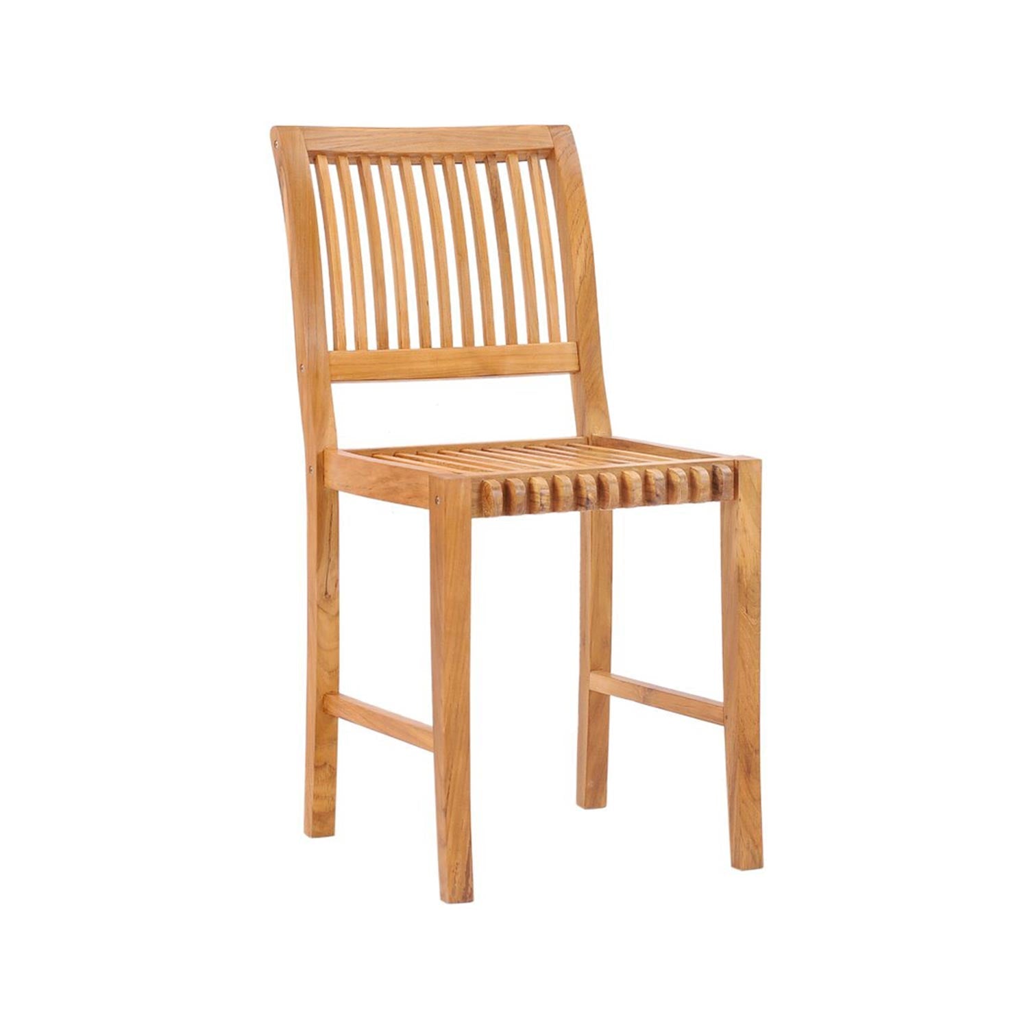 Armless solid teak bar stool in a natural teak finish with vertical slatted back, slatted seat, square legs and simple stretcher footrests — coastal contemporary outdoor seating.