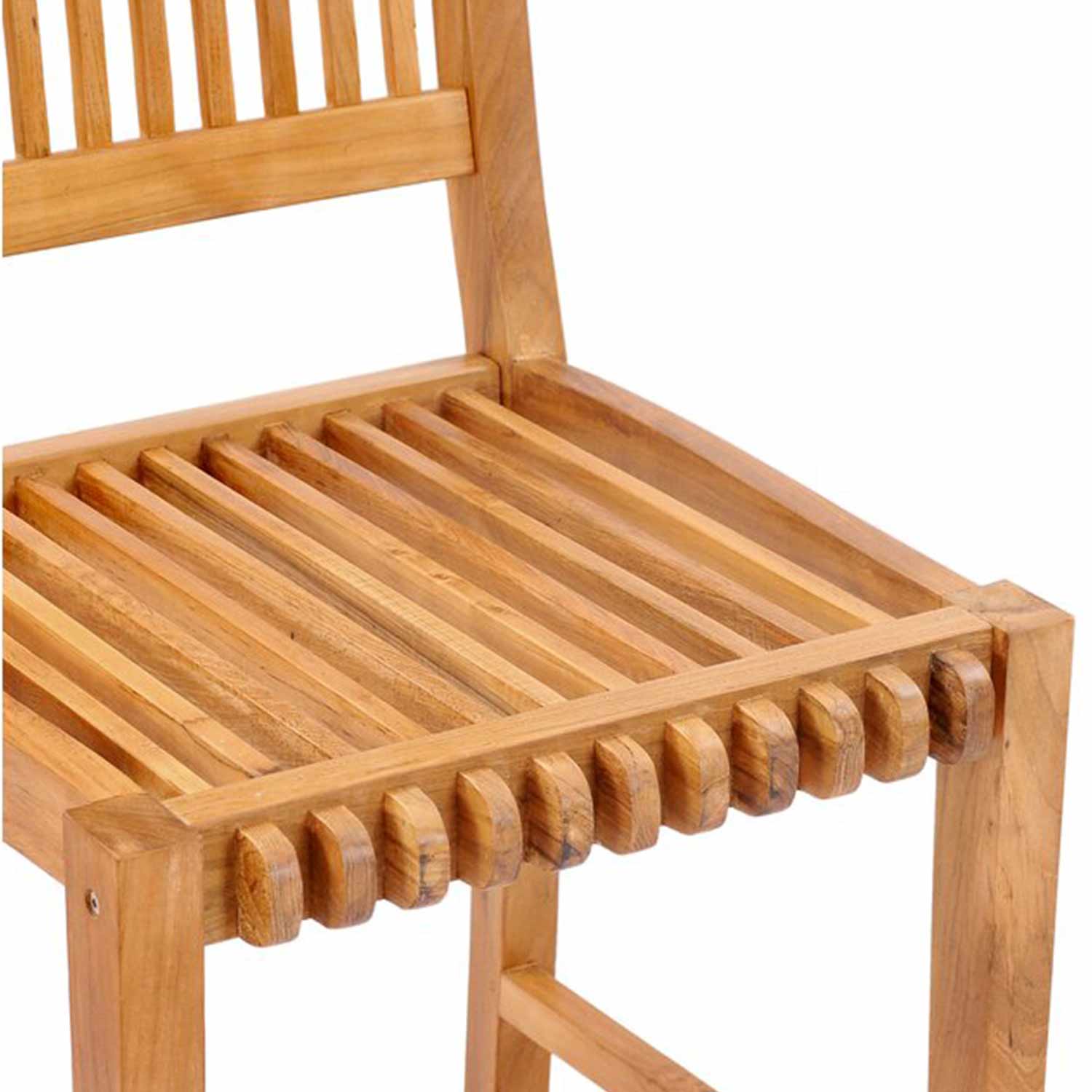 Close-up of an armless teak bar stool seat showing natural teak slats, carved front-edge detail and part of the slatted back in a warm teak finish, ideal for outdoor or coastal settings.