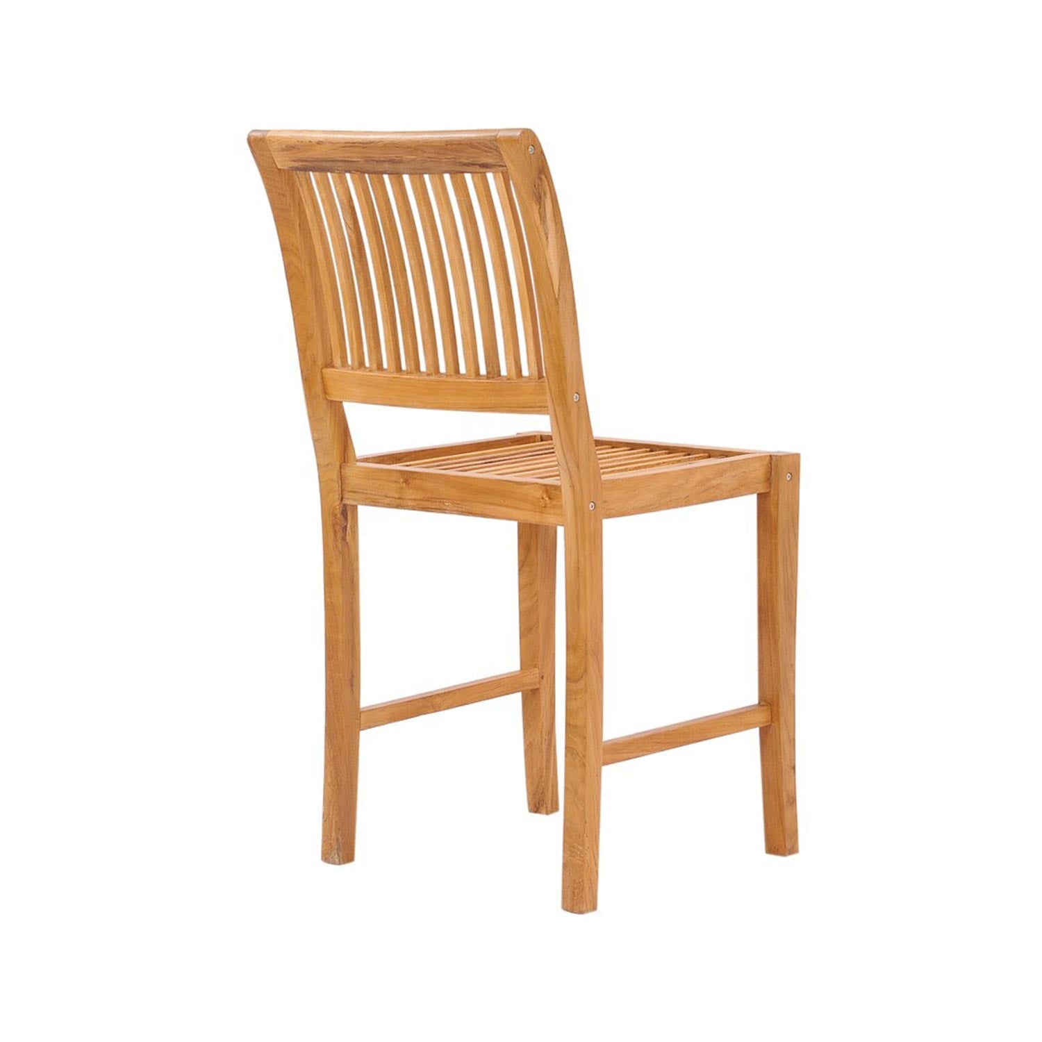 Armless outdoor bar stool in natural teak with a slatted seat and curved slat back, solid wood frame, square legs and foot rails shown from a rear three-quarter view on a white background.