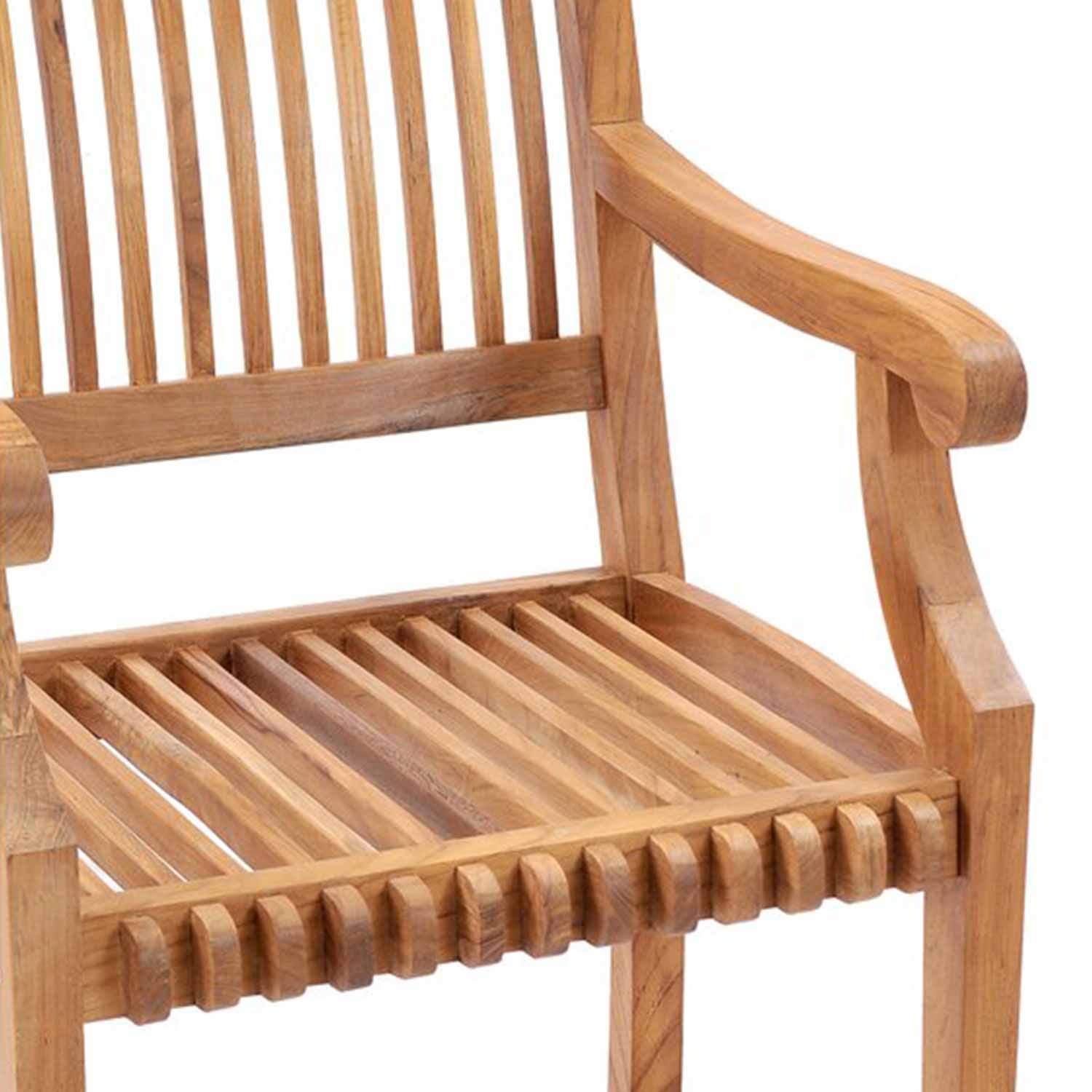 Close-up of a natural teak outdoor bar stool showing the slatted seat, vertical slat back and curved armrest on a solid wood frame with warm teak finish, coastal style.