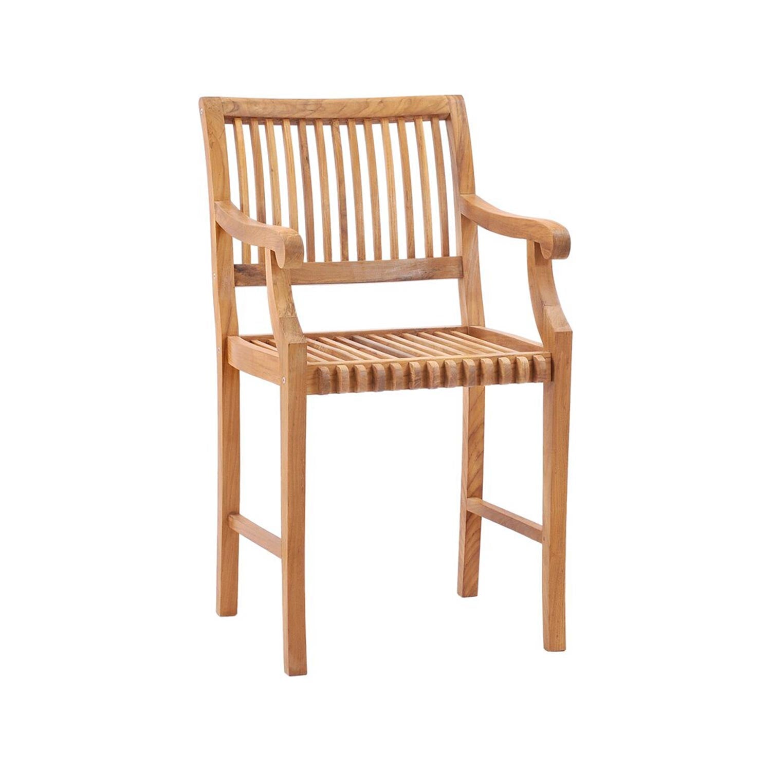 Solid teak outdoor bar stool with vertical slatted seat and back, curved armrests and sturdy solid-wood frame in a warm natural teak finish, coastal style for patio or outdoor bar seating.