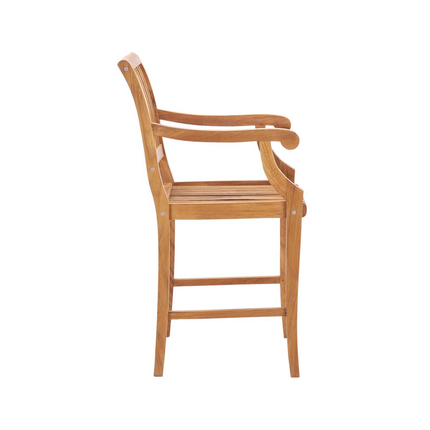 Side view of a teak outdoor bar stool with curved armrests, slatted seat and back, and a solid wood frame in a natural teak finish ideal for coastal patios.