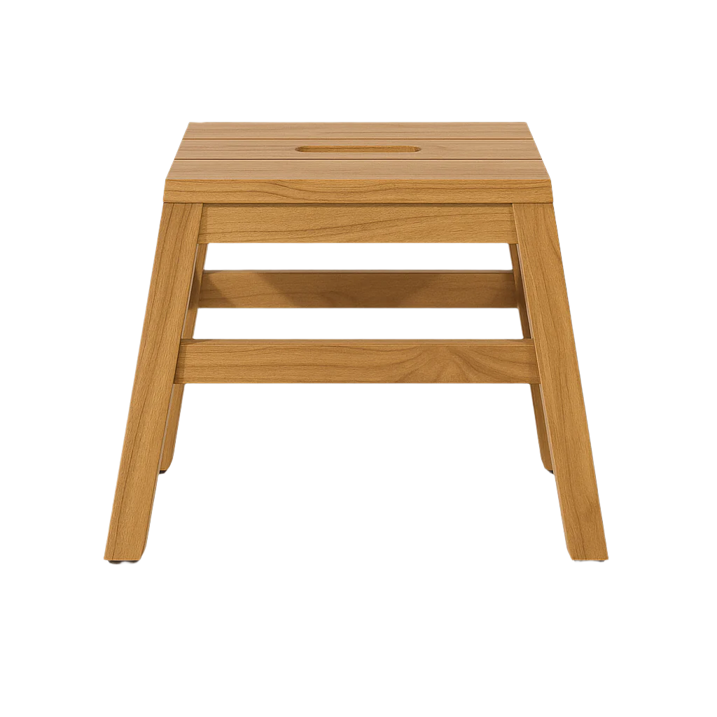 Front view of a compact natural teak shower stool with a slatted top, central oval cutout handle, slightly angled legs and two horizontal support bars in a light brown teak finish on a white background.