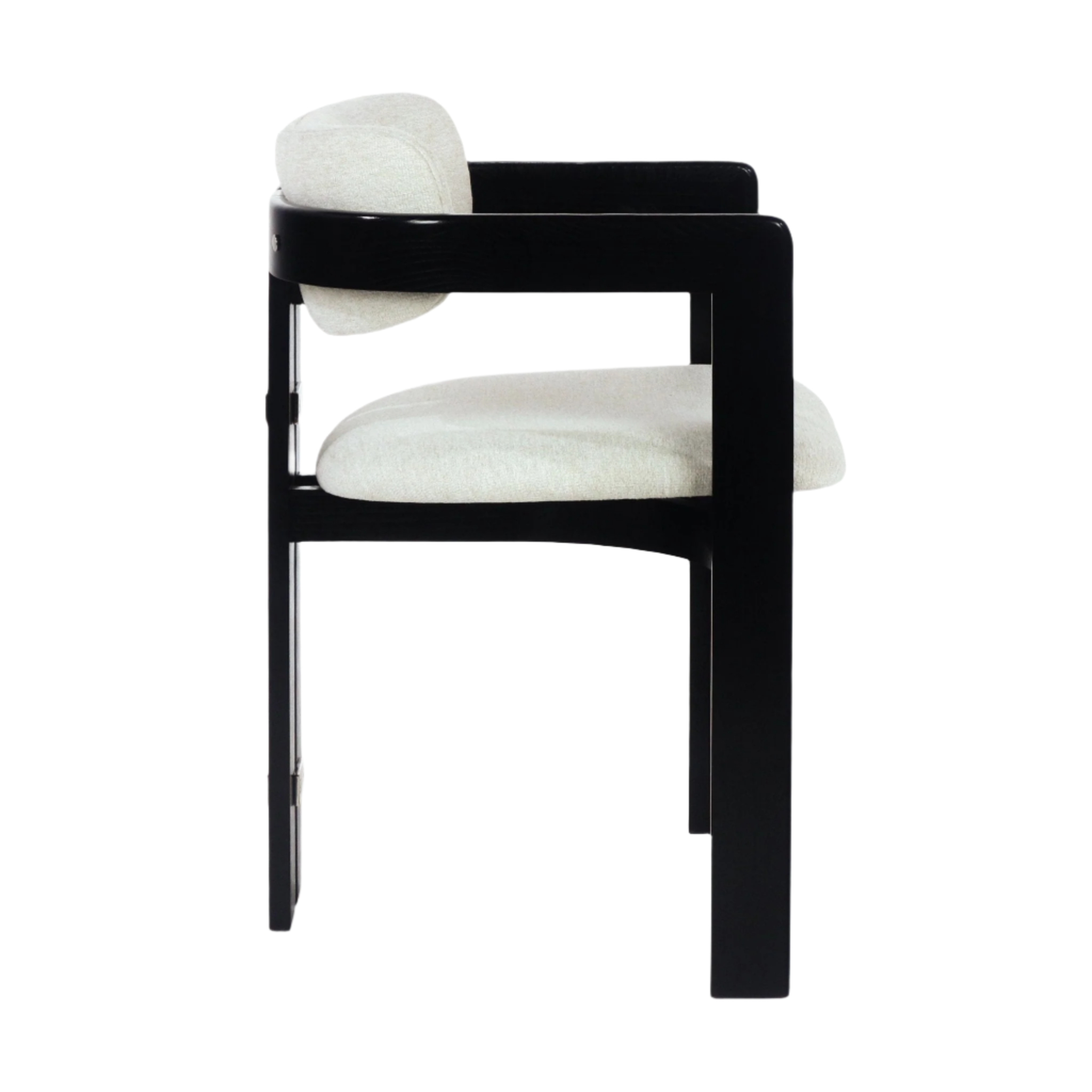Side view of a modern dining chair with a glossy black wood frame, beige boucle upholstered seat and rounded back cushion, plus slim stainless steel back supports visible behind the seat.