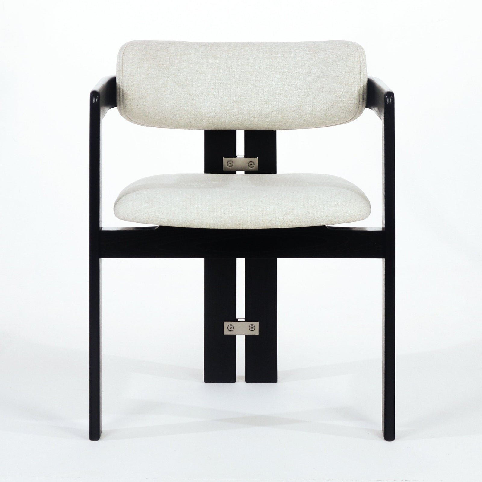 Black Pamplona Dining Chair with Beige Boucle and Stainless Steel Accents - INTERIORTONIC