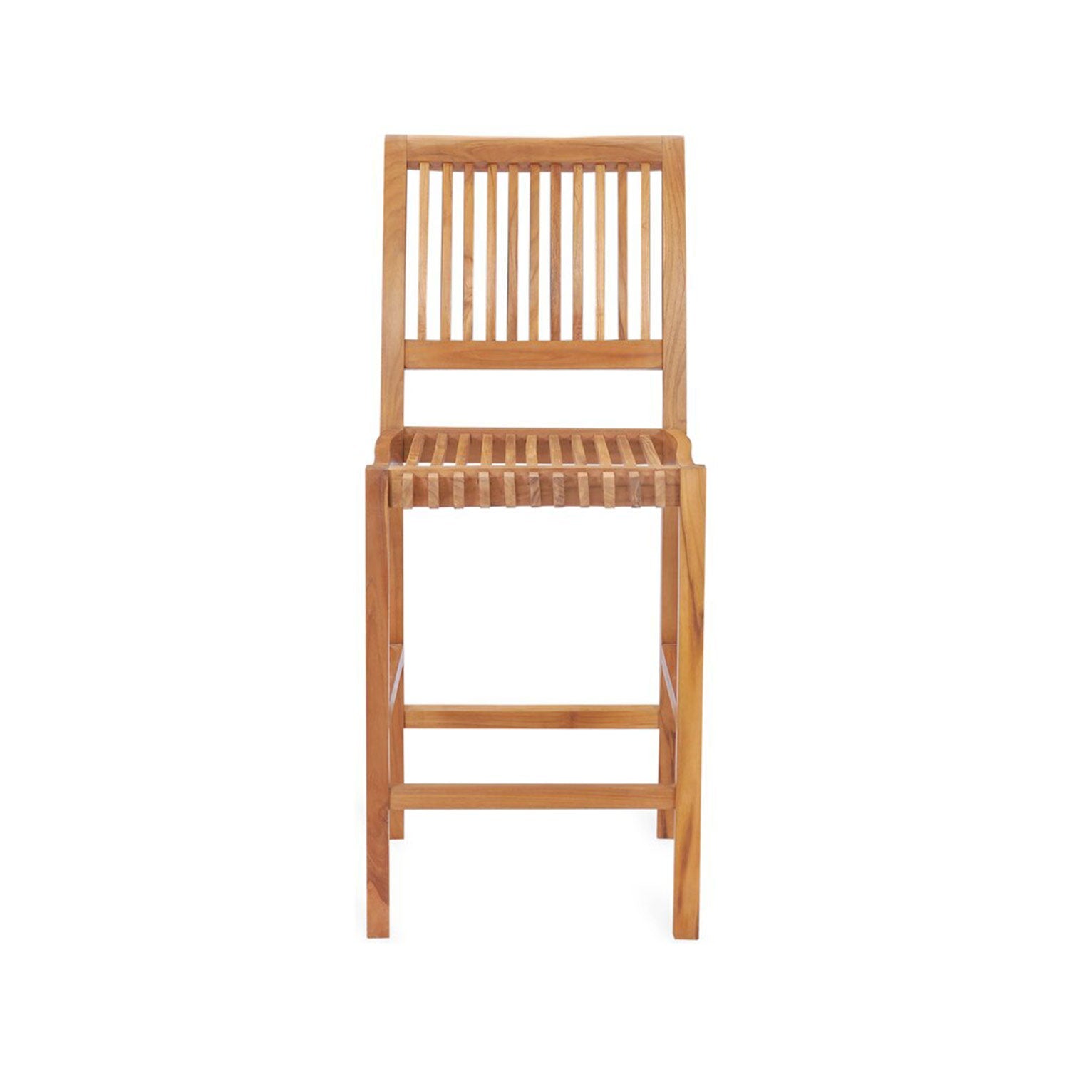Front view of an armless outdoor bar stool in natural teak with a slatted seat and back, square legs and integrated footrest, solid wood construction in a modern coastal style.