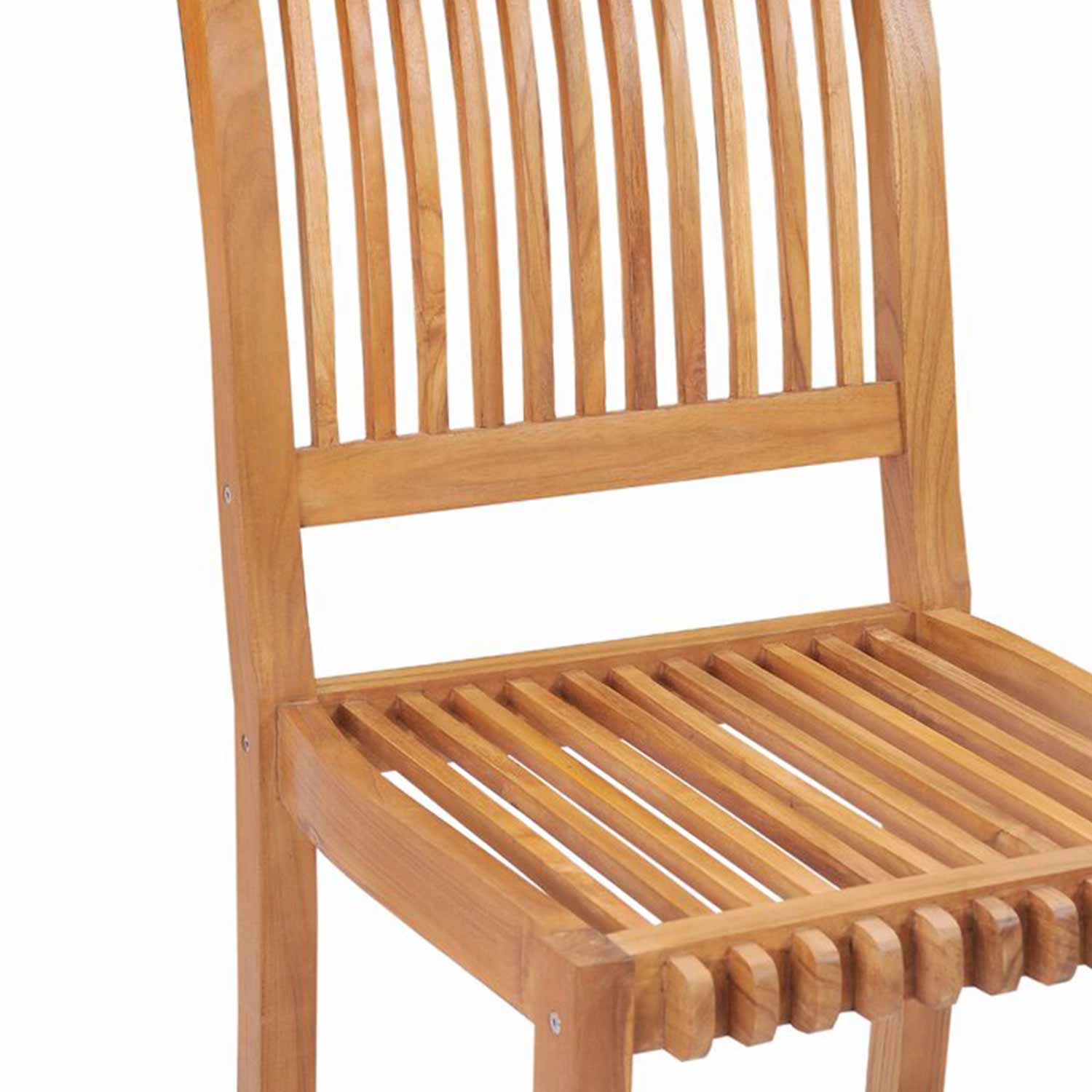 Close-up of a natural teak armless outdoor bar stool showing its slatted solid-wood seat and curved slatted back in a warm brown teak finish.